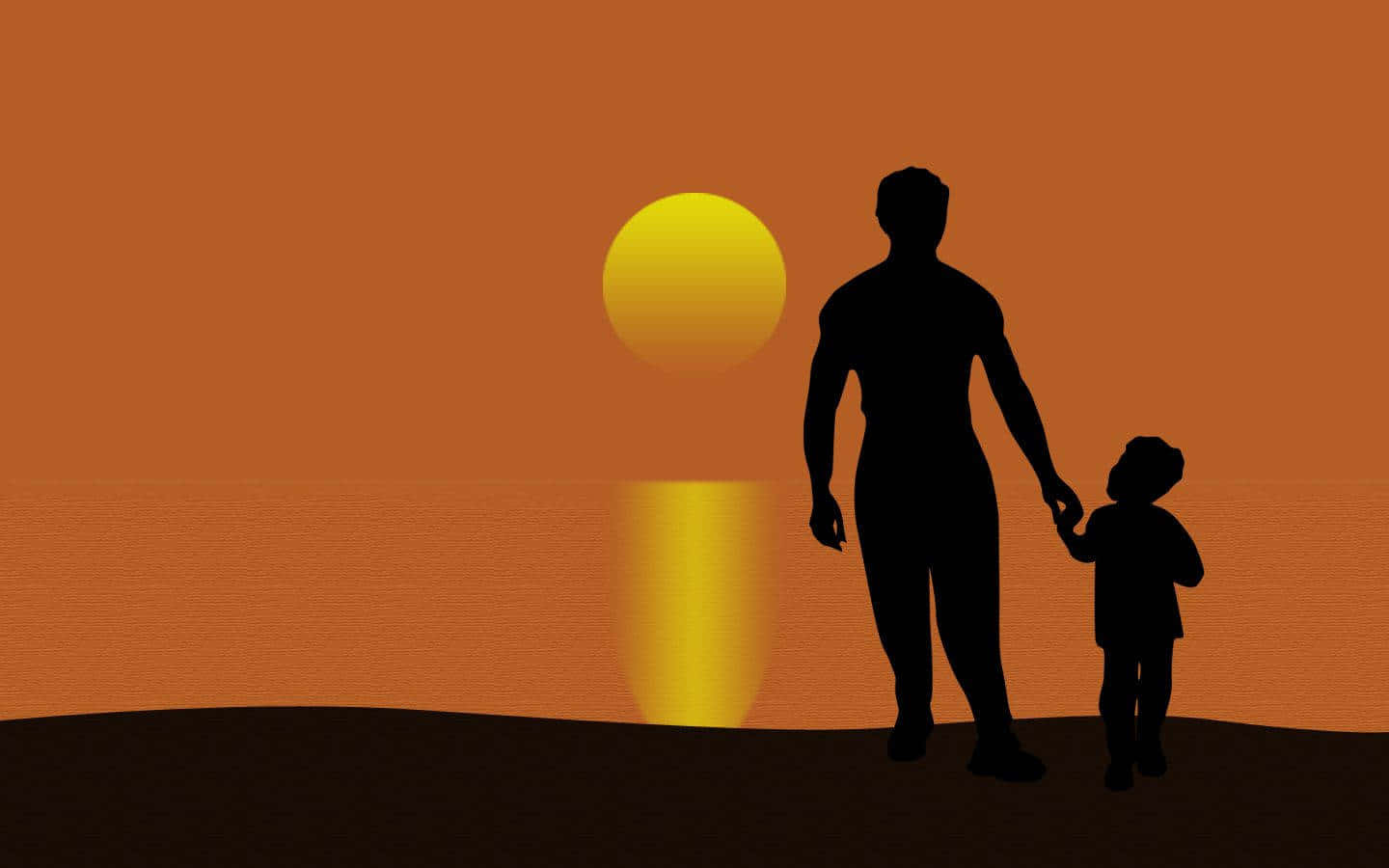 Dad 桌布 壁紙 — 父親與孩子手牽手，在水面上溫暖的橙色日落映襯下的剪影。