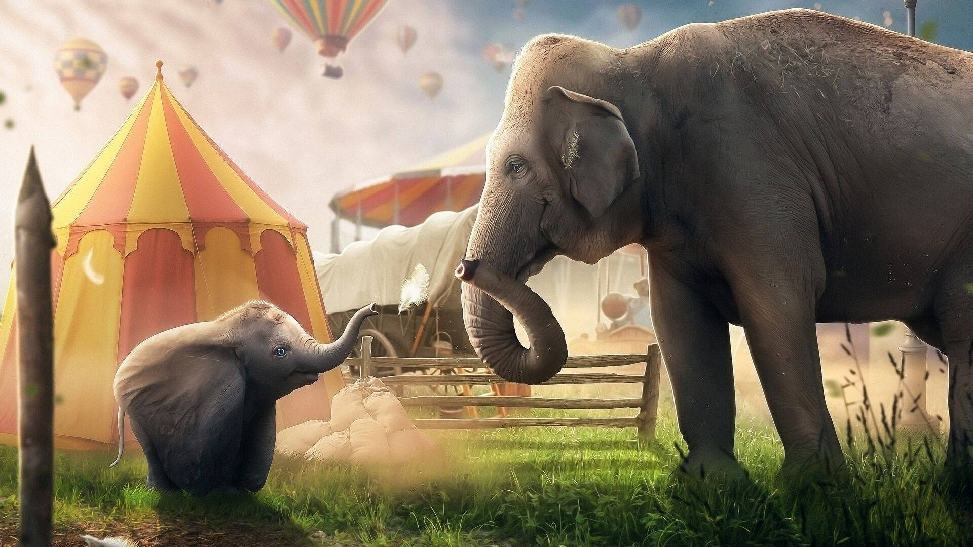 父親與小飛象Dumbo 壁紙 — 馬戲團中，一頭母象和幼象在色彩繽紛的帳篷和漂浮的熱氣球之間的溫馨時刻。