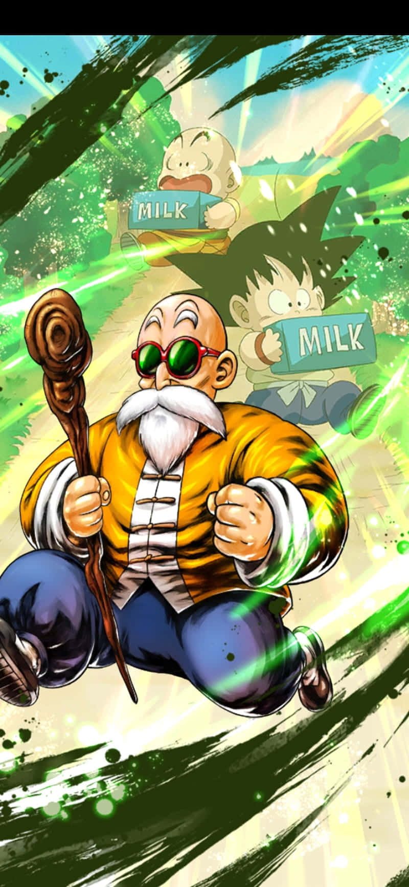 Turtle Hermit 桌布 壁紙 — 爺爺悟飯喺半空中漂浮，揸住一支棍，而佢後面有兩個細路喺綠色能量爆發中拎住牛奶盒。