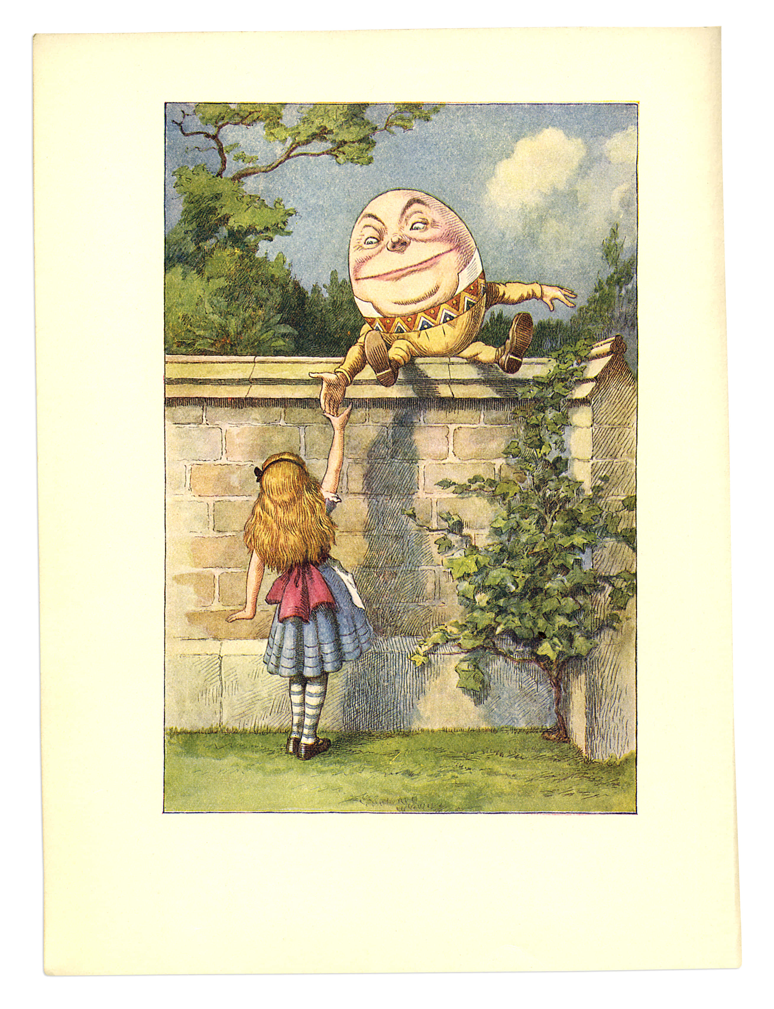 牆上 Humpty Dumpty 的鮮豔插畫 壁紙 — 愛麗絲伸手觸摸坐在陽光花園石牆上咧嘴笑的蛋形蛋頭先生。