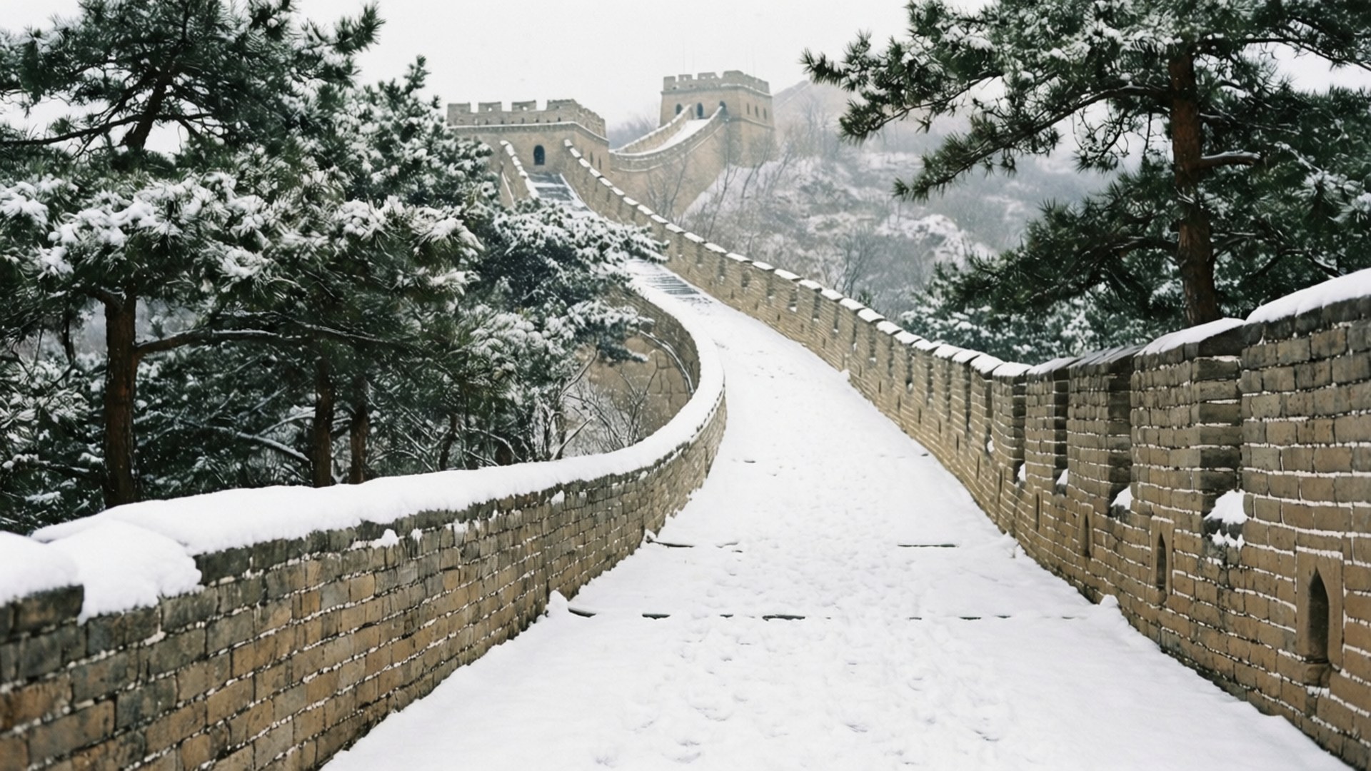 牆上飄雪 壁紙 — 白雪覆蓋著蜿蜒穿過松林、在灰色冬日天空下的古老萬里長城。