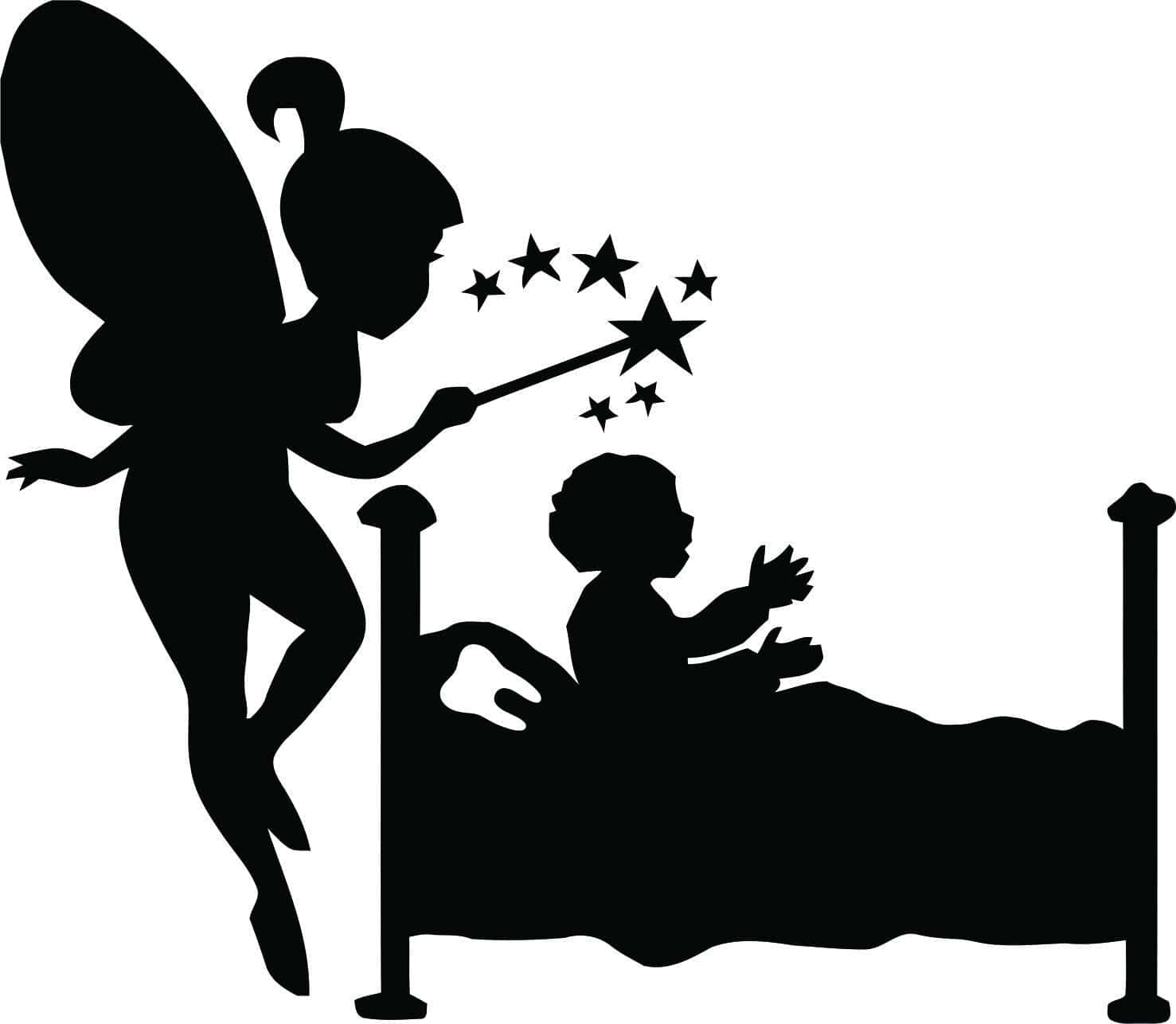 牙仙為每名孩子帶來歡樂 壁紙 — 一個有翅膀的仙女黑色剪影，用魔杖向床上的孩子灑星星。