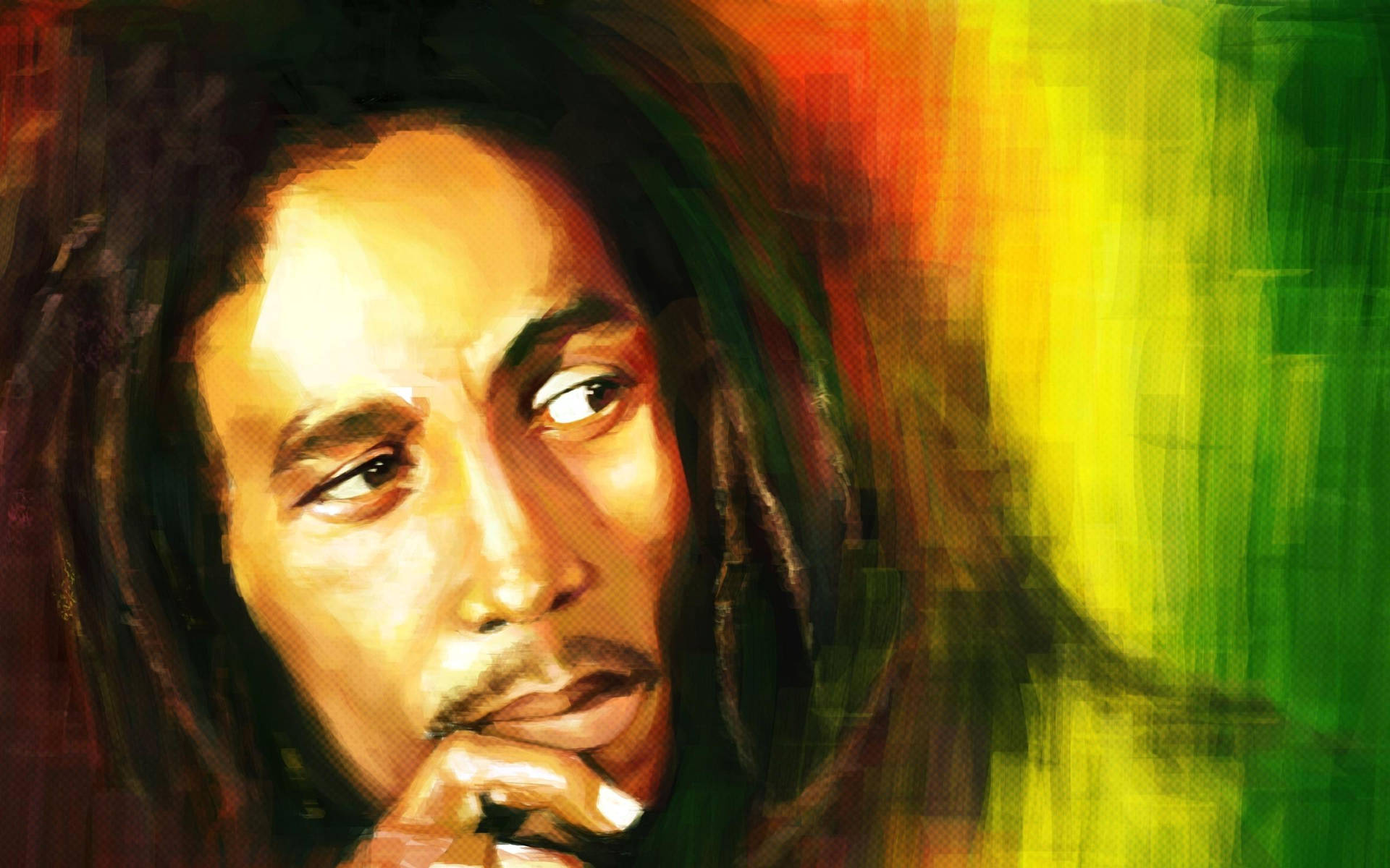 Bob Marley 肖像，背景色彩繽紛，表情若有所思。