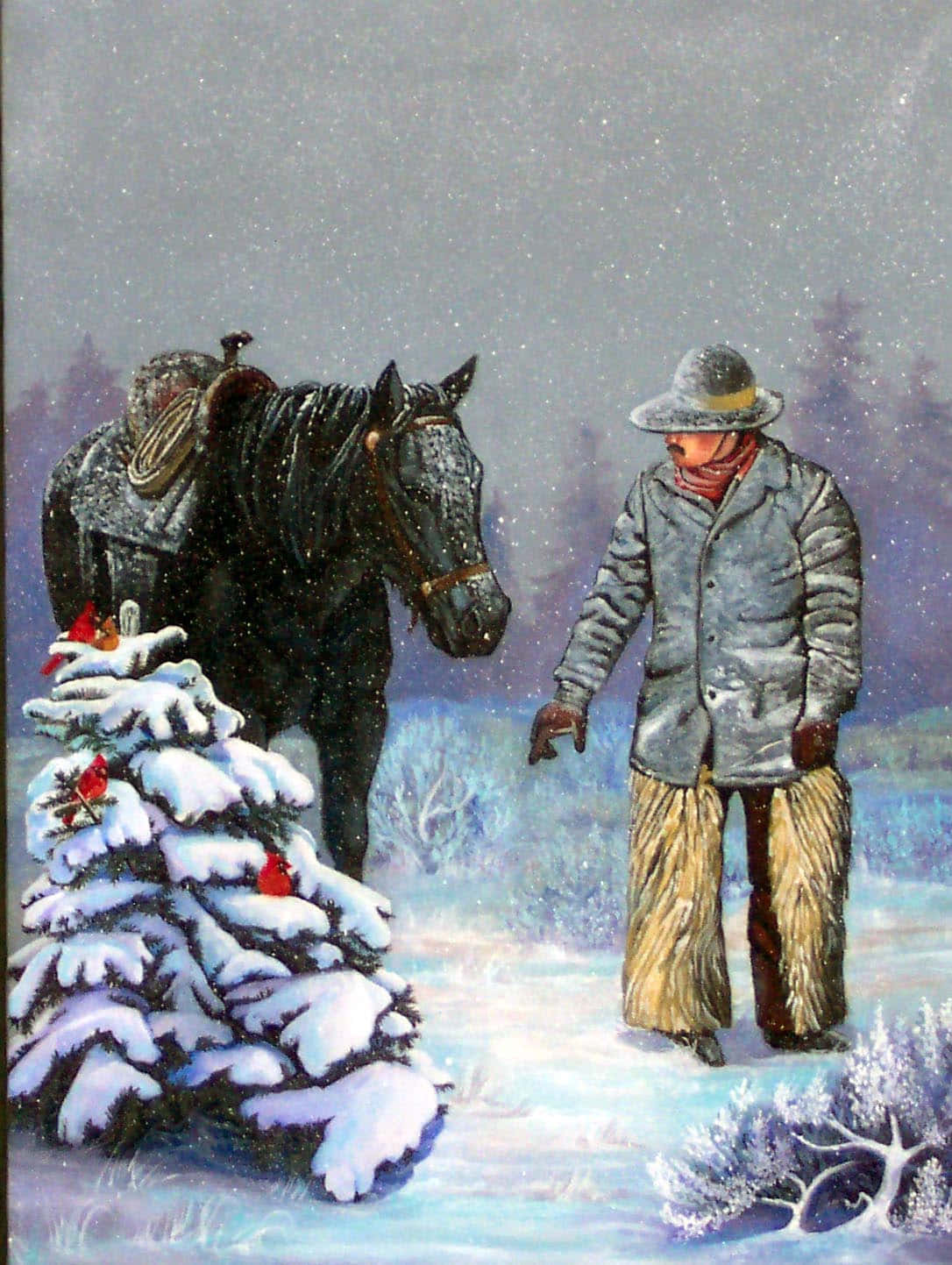 牛仔在雪中悠閒度過聖誕早晨 壁紙 — 一名牛仔在暴風雪中站在他的黑馬旁邊，靠近一棵積雪的松樹，樹上有紅衣主教鳥。