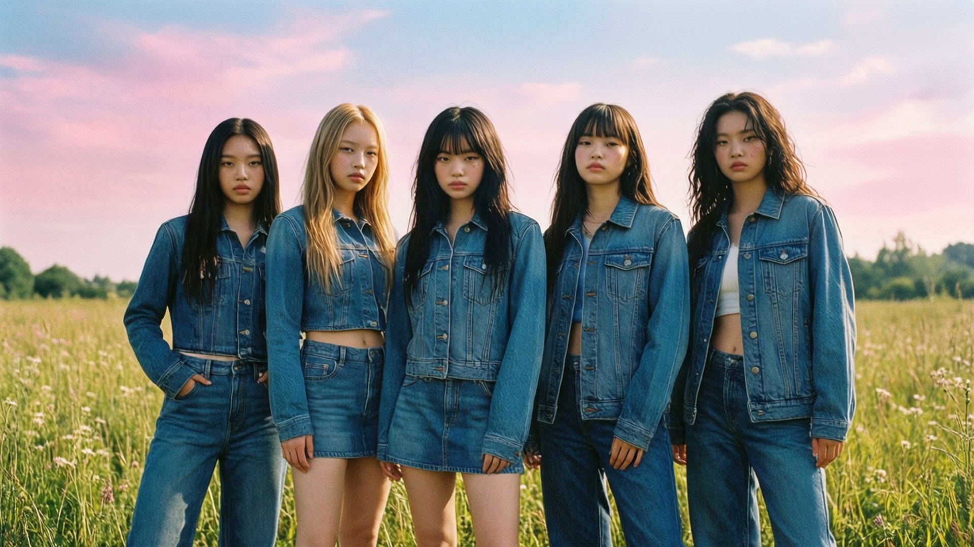 五位身穿牛仔服的年輕女性站在日落時分的草地上。