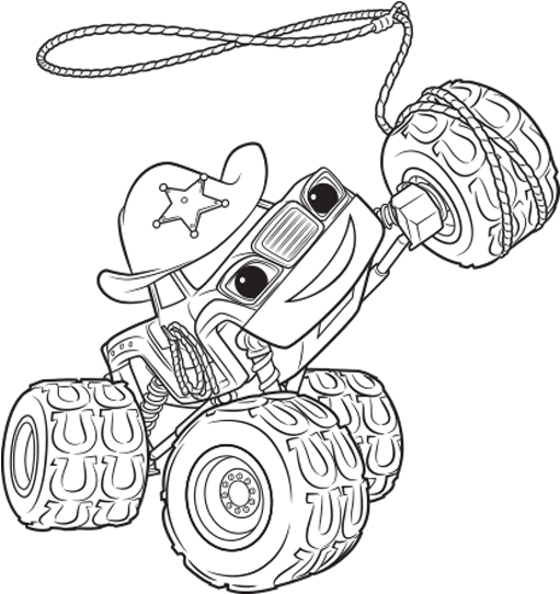 牛仔帽怪獸卡車塗色頁 壁紙 — 一輛黑白線條藝術怪獸卡車，戴著一頂帶星星的牛仔帽，前輪上繫著一條繩索套索。