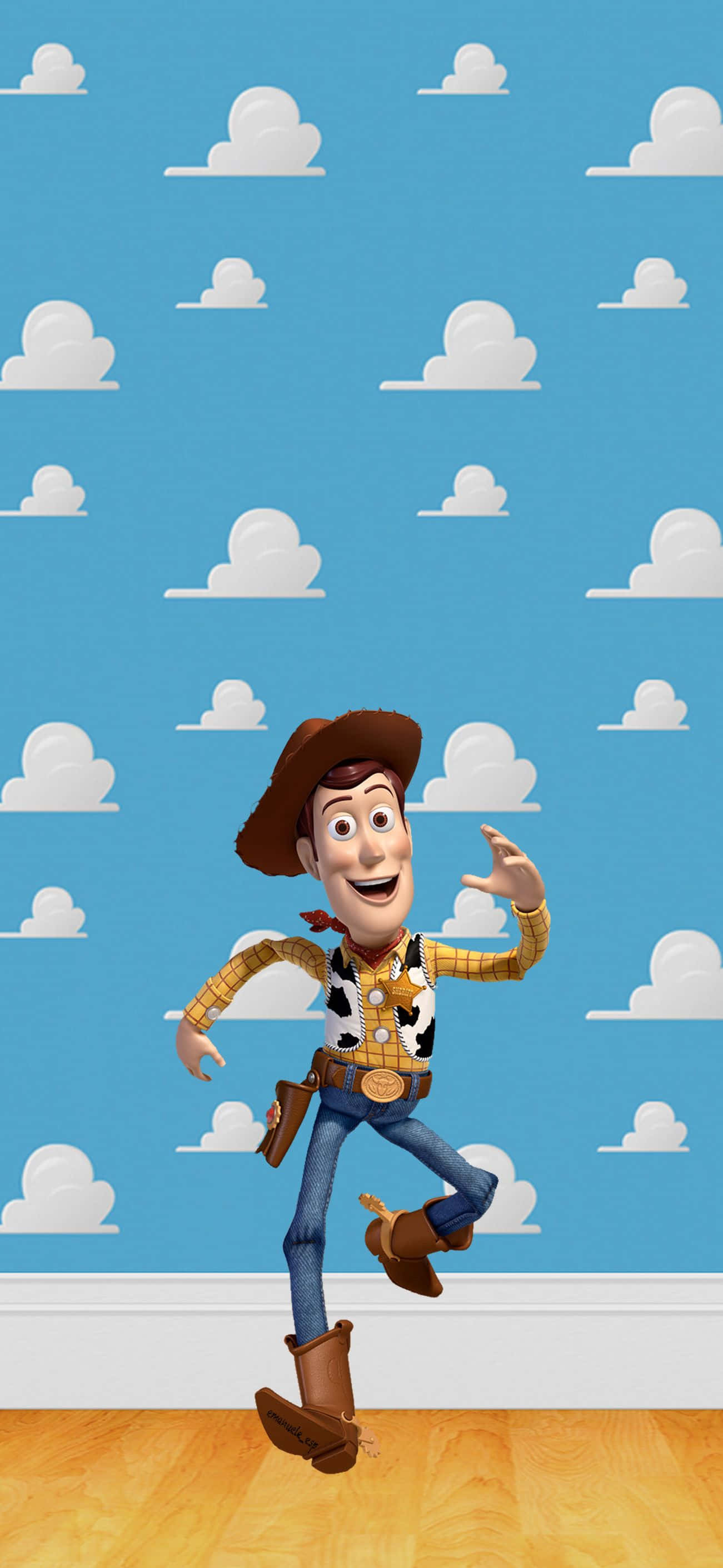 Toy Story Cloud 桌布 壁紙 — 牛仔玩具胡迪在藍天白雲牆紙上歡快地跳躍。