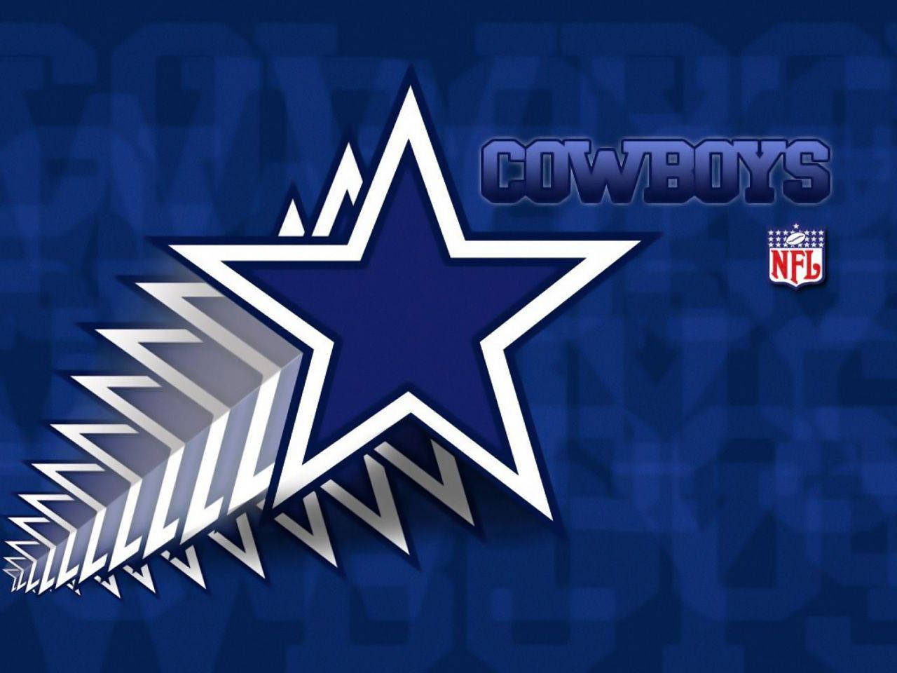 達拉斯牛仔隊NFL球隊標誌，帶有星形和鋸齒銀色設計，位於藍色背景上。