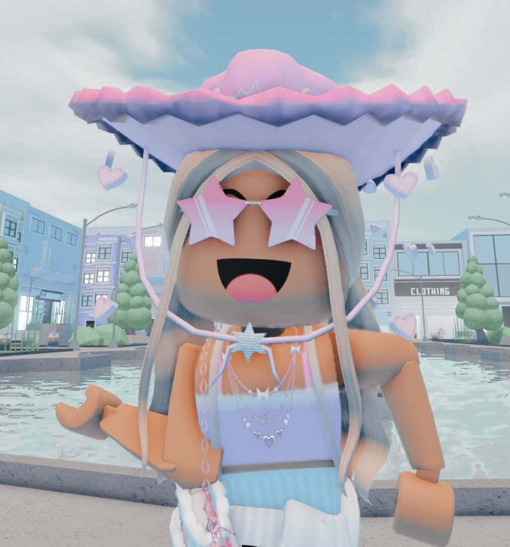 Roblox 角色穿著粉彩服裝和帽子在廣場上