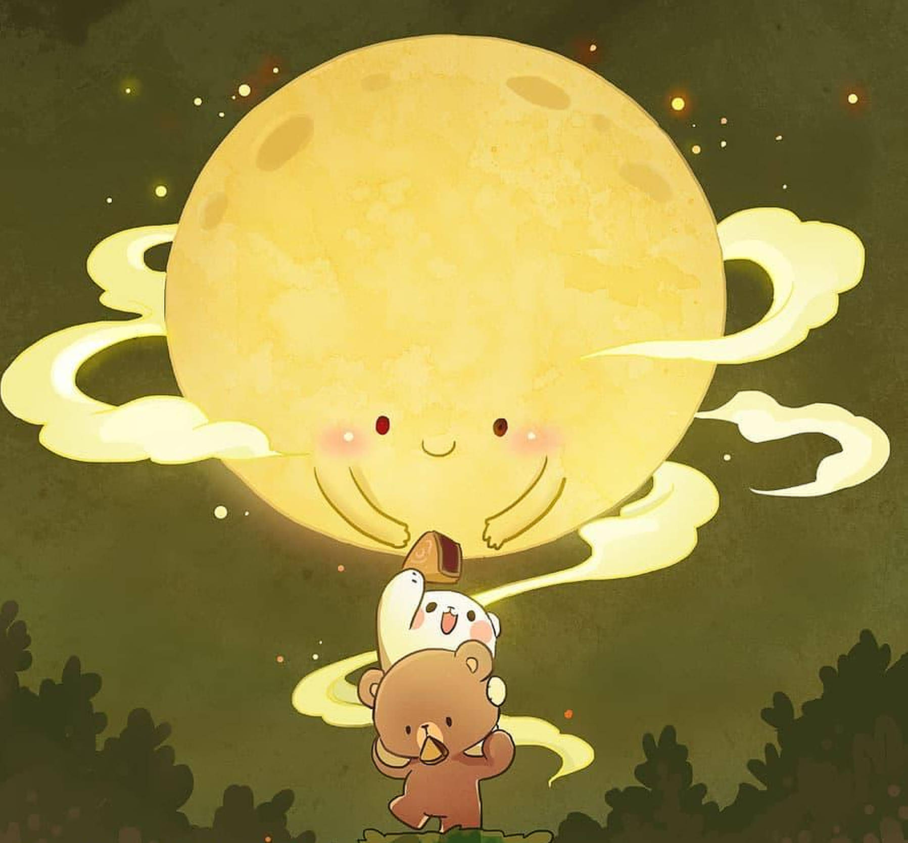 兩隻可愛的動物在繁星點點的夜空中仰望友善發光的月亮。