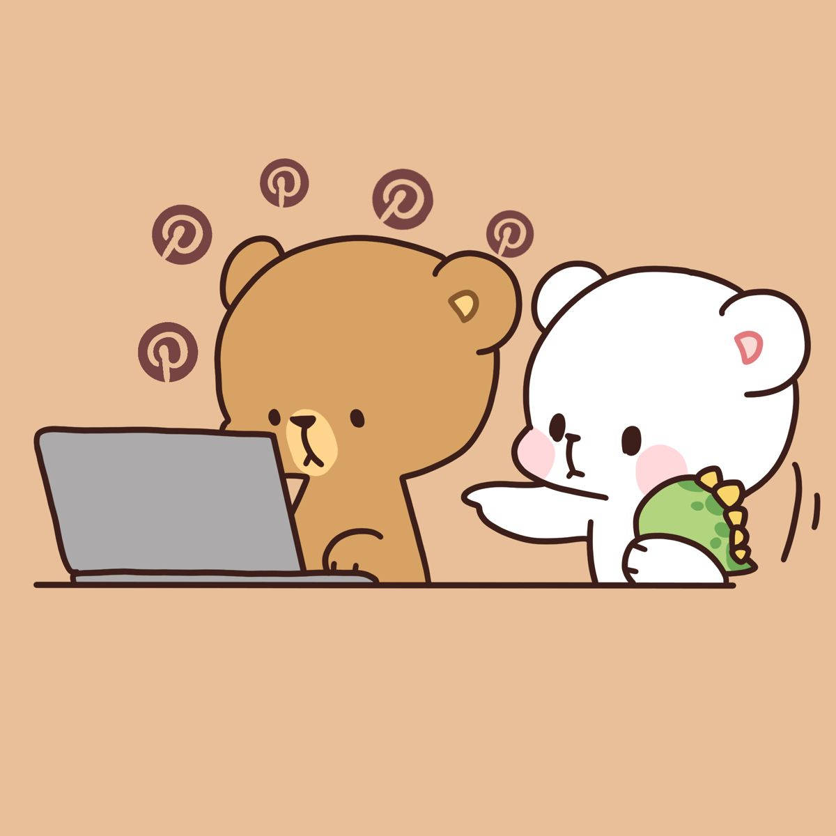 兩隻卡通熊，一隻在筆記本電腦前，一隻抱著恐龍毛絨玩具，有Pinterest圖標漂浮。