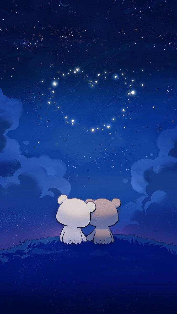 兩隻熊坐在山丘上，仰望夜空中心形的星星星座。