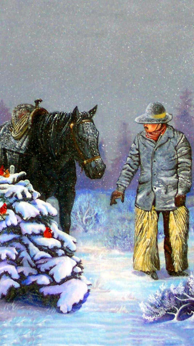 牧場上的聖誕歡樂 壁紙 — 一個孤獨的牛仔在暴風雪中站在他備好鞍的馬旁邊，靠近一棵掛滿雪和紅莓的灌木。