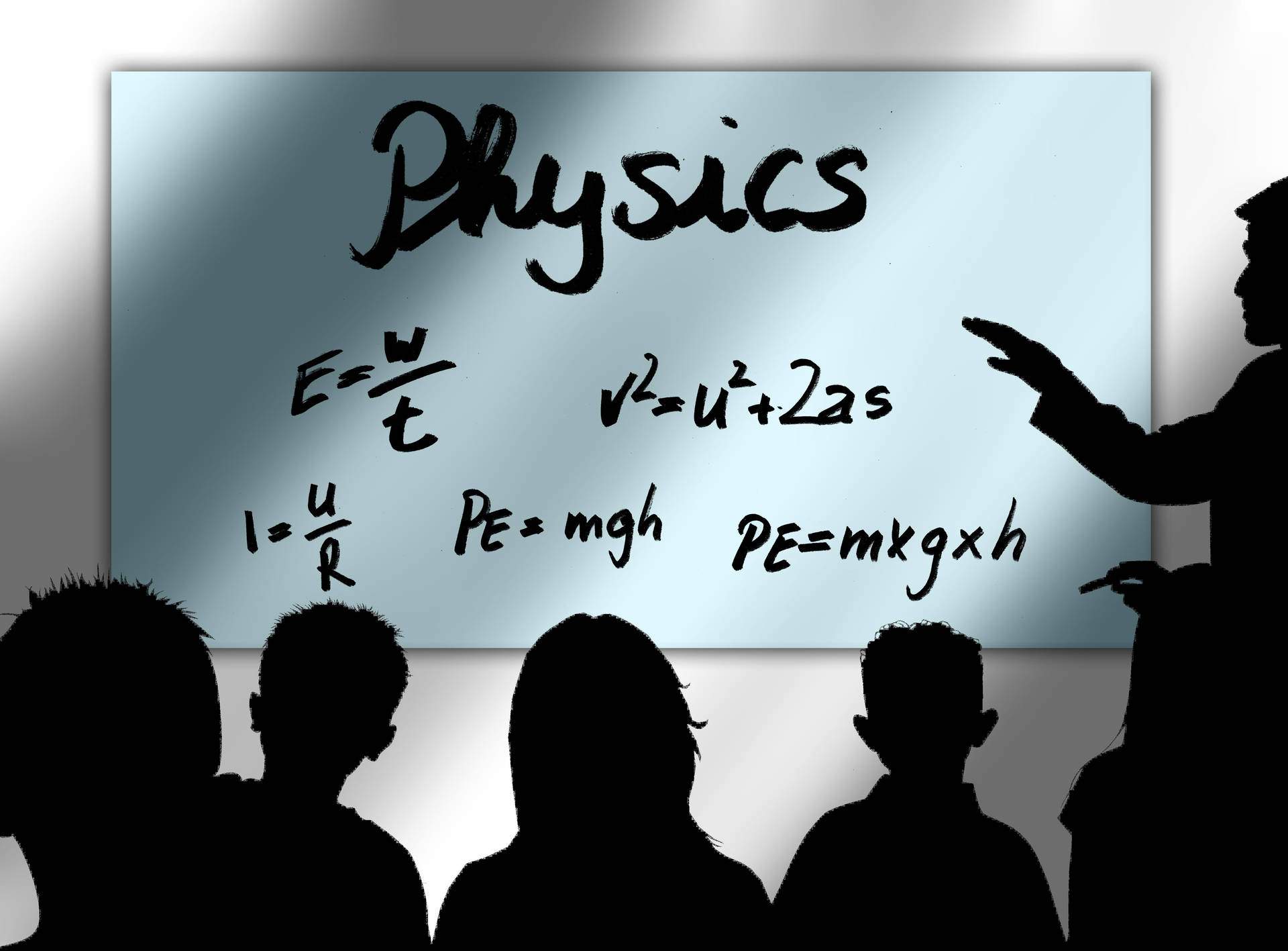 學生剪影觀看老師在白板上解釋物理方程式。