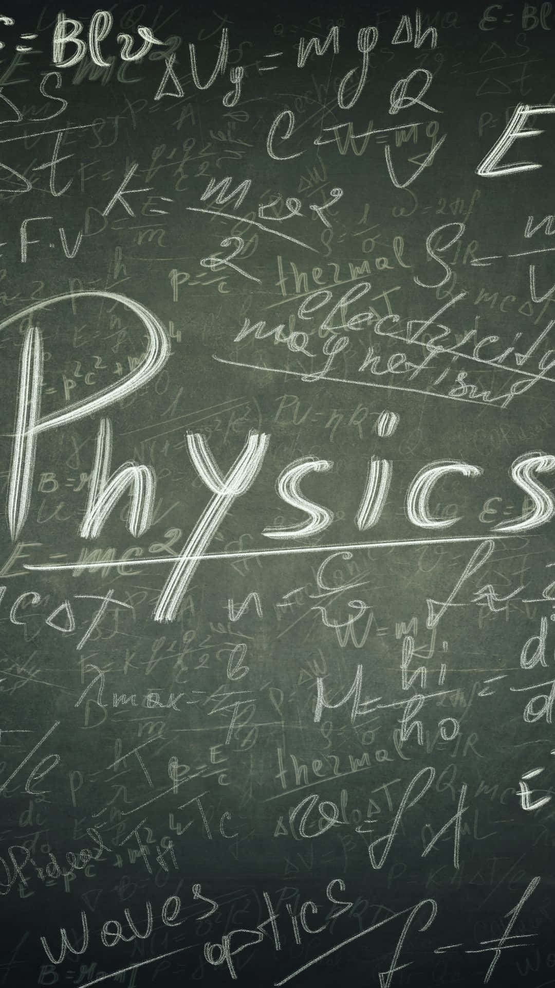 黑板覆蓋著物理公式，並用大字母寫上Physics一詞。