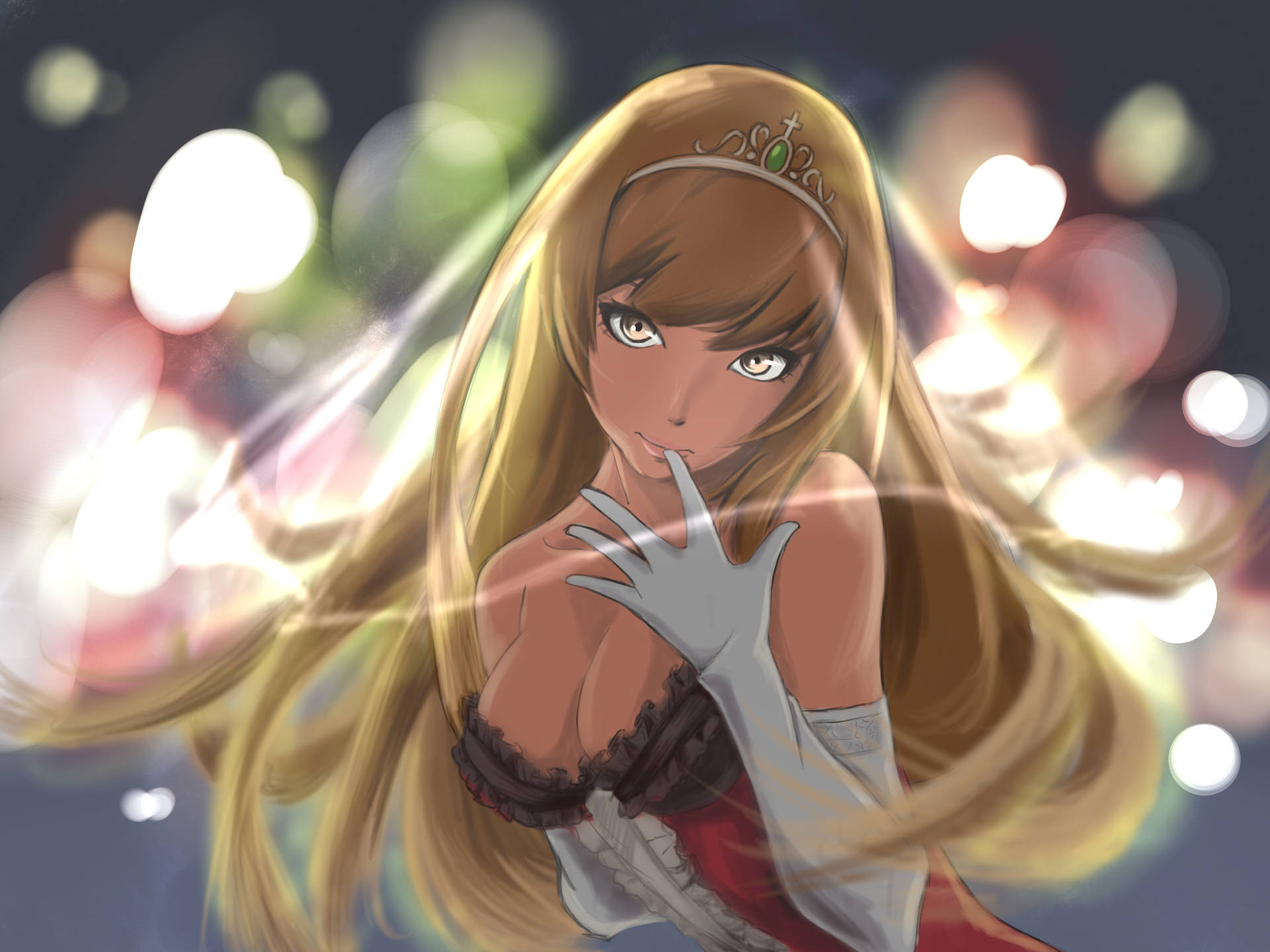 金髮動漫女孩在發光燈光中戴著頭飾。