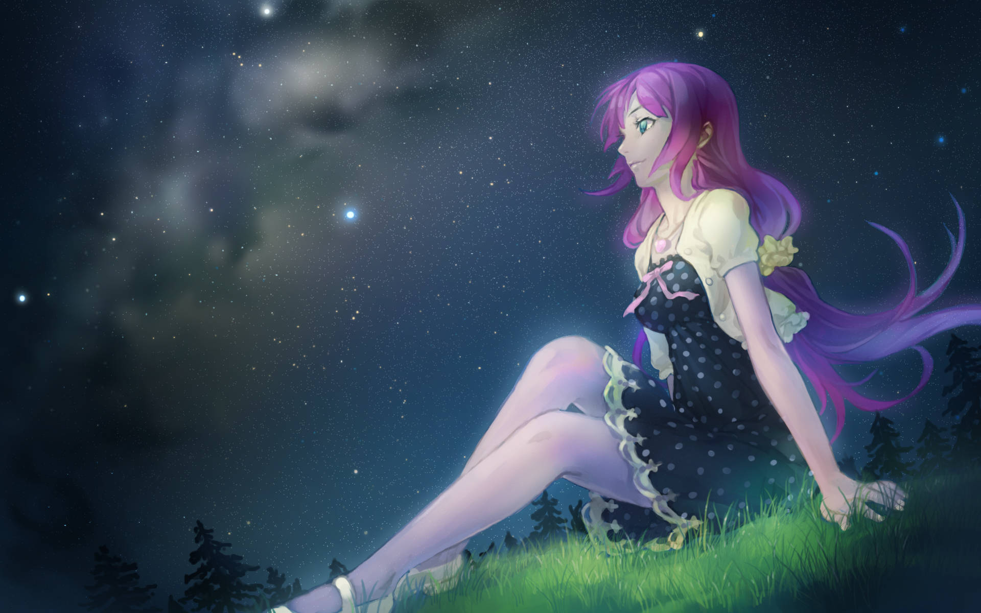 紫髮動漫女孩坐在草地上，背景是繁星點點的夜空