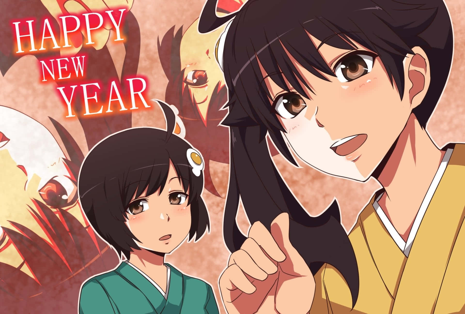 兩個穿著傳統日本服飾的動漫角色在喜慶的紅色和金色背景前慶祝新年。