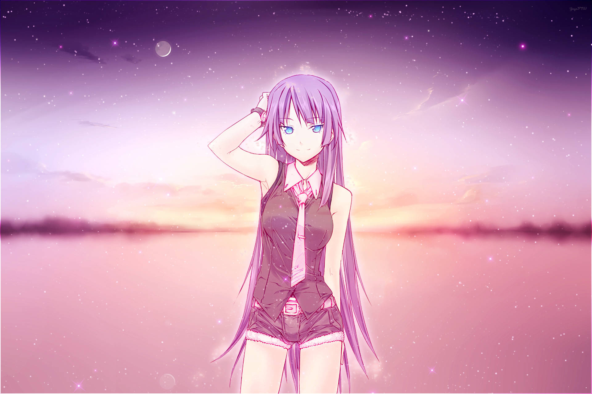 紫髮藍眼的動漫女孩穿著校服，在星空暮色下。