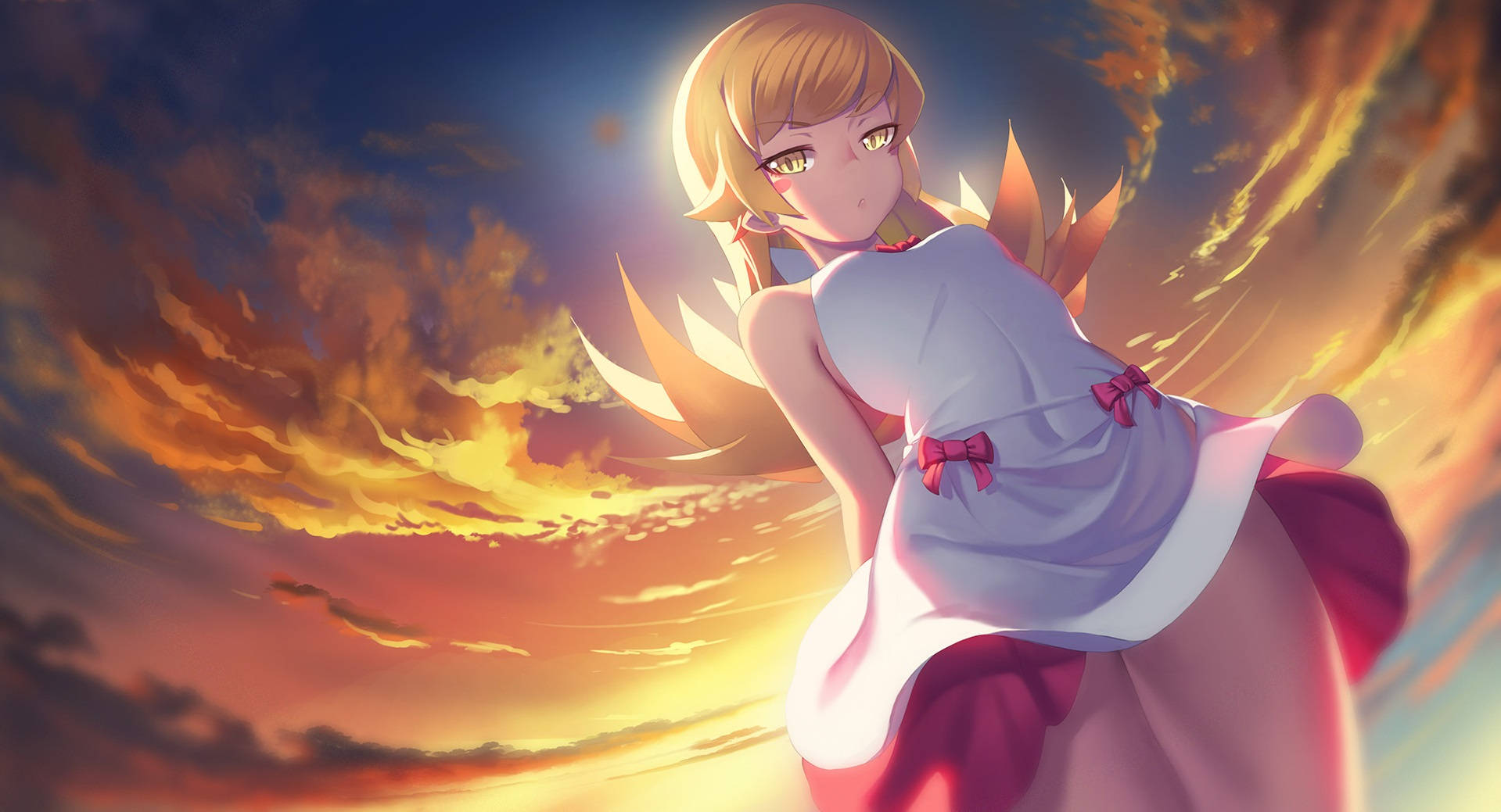 動漫女孩在熾熱的日落天空下閃耀著翅膀。
