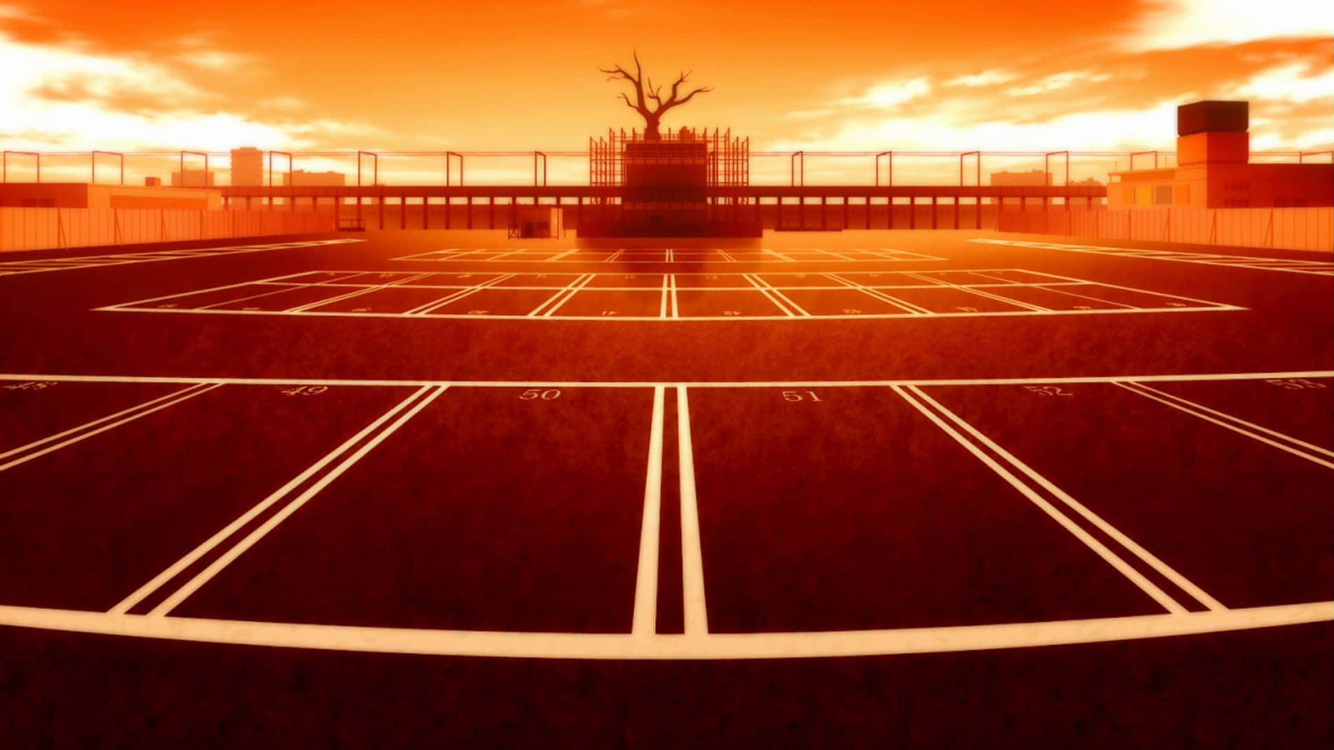 夕陽下的空網球場，遠處有一棵禿樹。