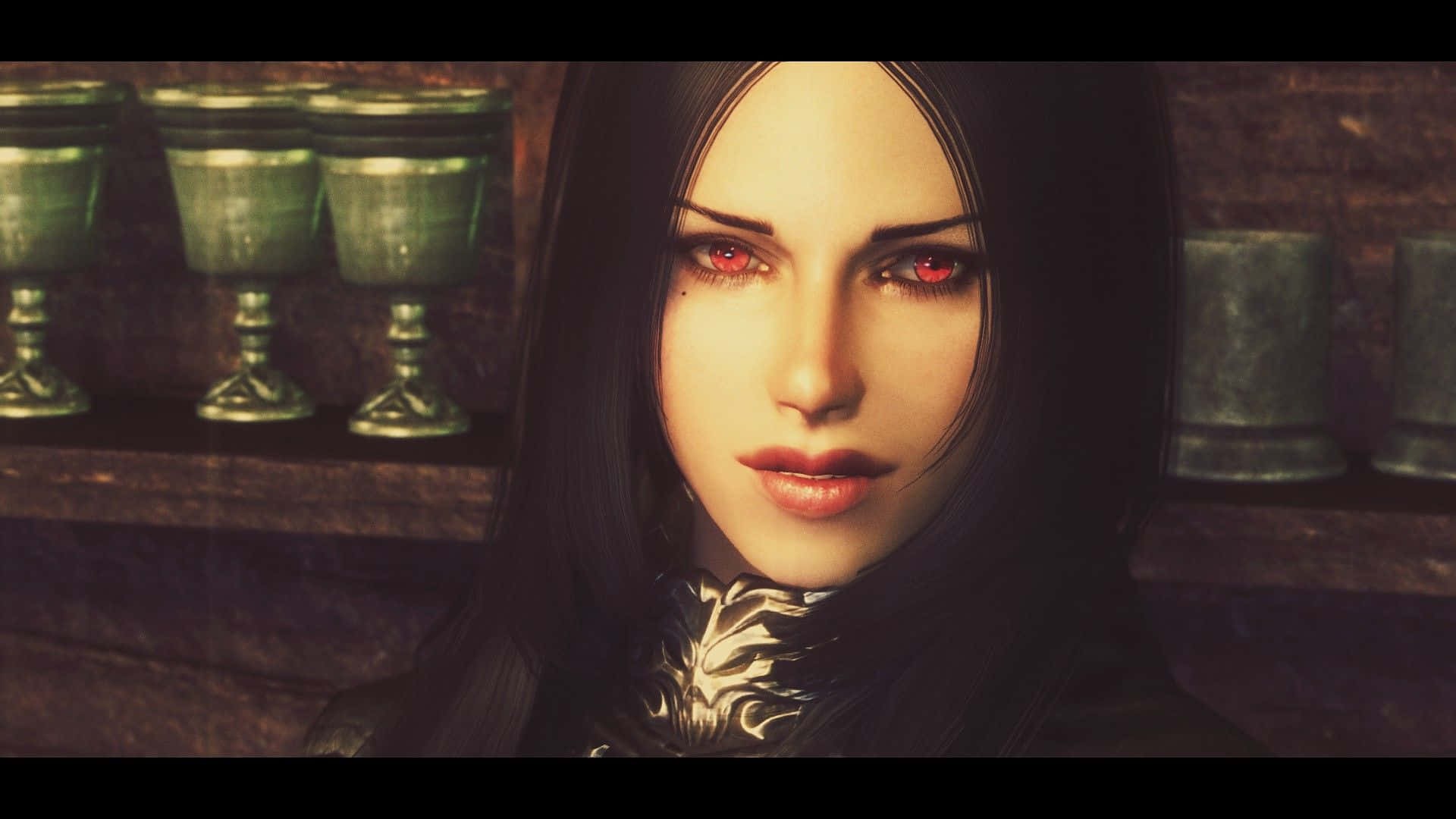 Skyrim Serana 桌布 壁紙 — 特寫一位擁有發光紅眼和深色頭髮的女性，戴著華麗的銀色項圈，背景是光線昏暗的架子上有綠色高腳杯。