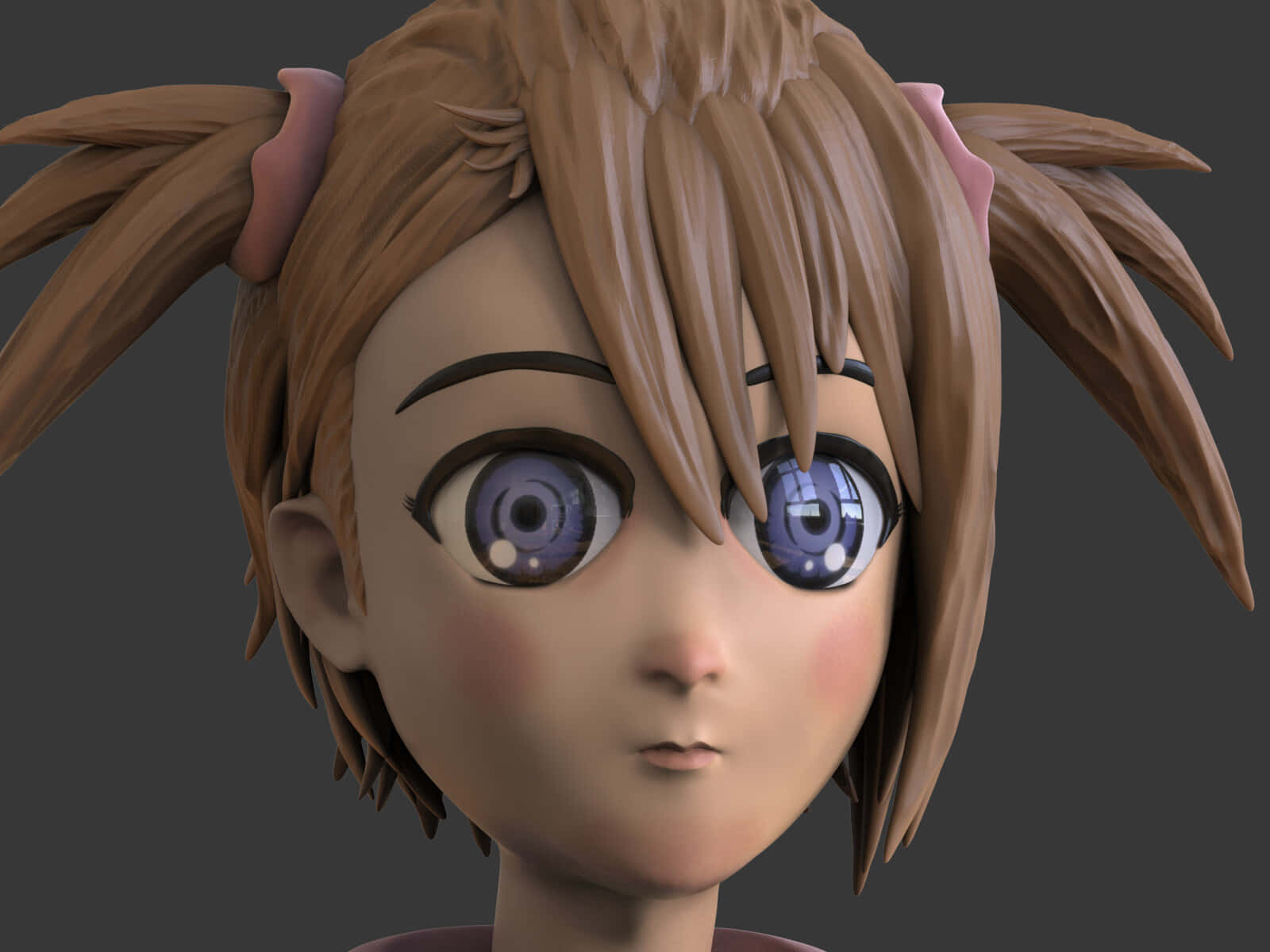 Nae Tennouji 桌布 壁紙 — 特寫一個3D渲染的動漫女孩，棕色雙馬尾，紫色大眼睛，背景為深灰色。
