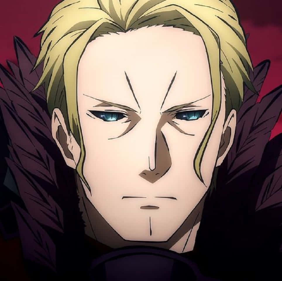 Sword Art Online Gabriel Miller 桌布 壁紙 — 特寫一個嚴肅的動畫男性，金髮碧眼，背景為深紅色。