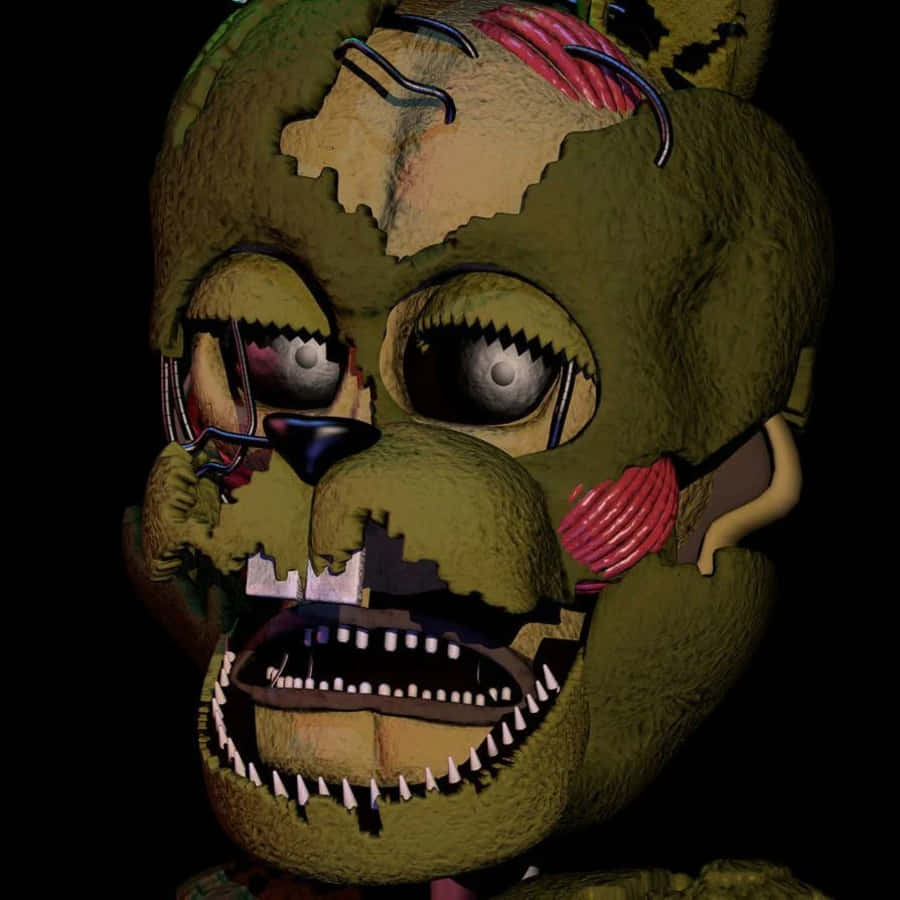 Scraptrap 桌布 壁紙 — 特寫一個正在腐爛的電子熊，露出電線和牙齒，背景為黑色。