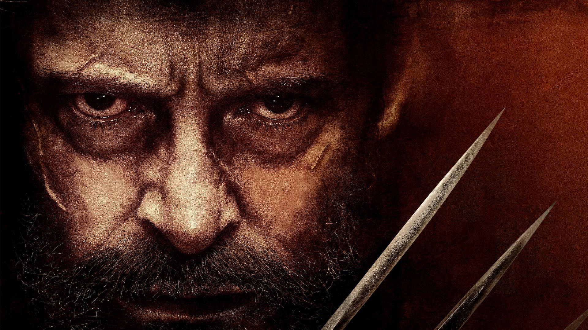 X Men Movie Logan 壁紙 — 特寫一個粗獷的男人，眼神銳利，金屬爪從他的手伸出，背景是深色紋理。