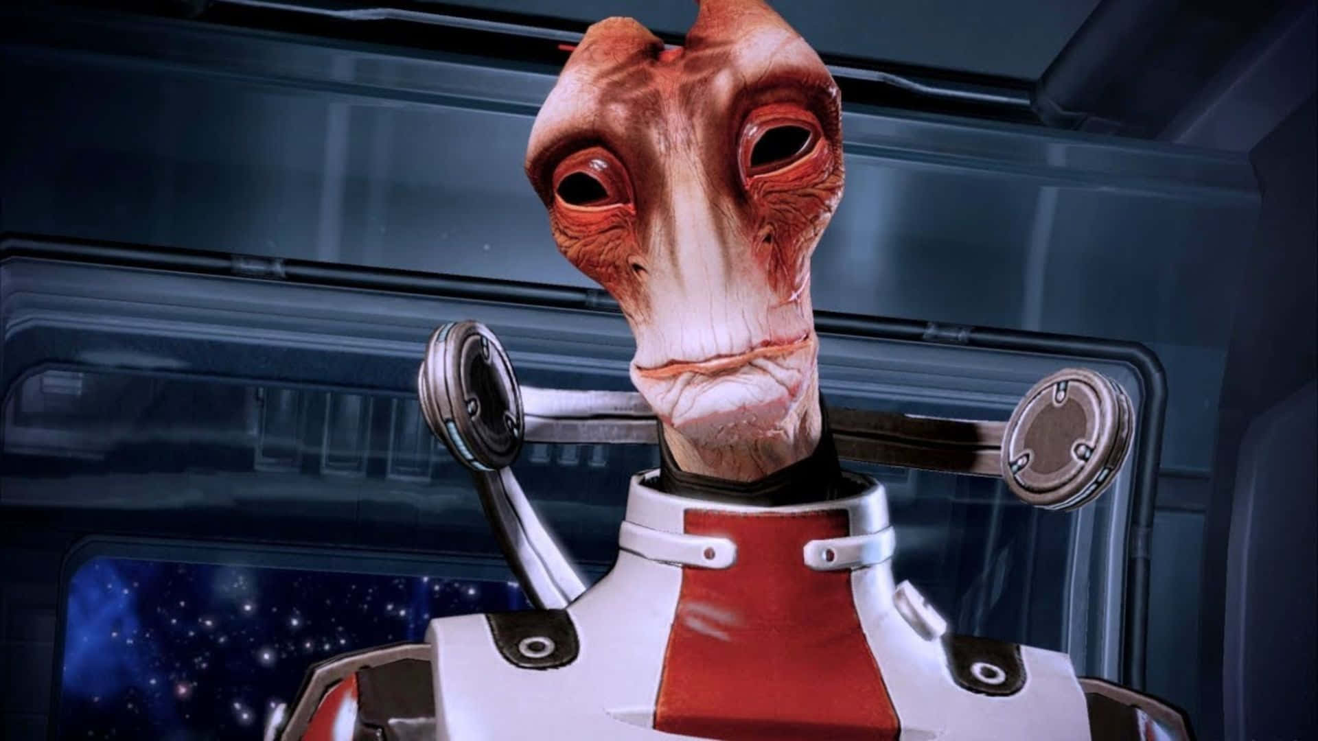 Mordin Solus 桌布 壁紙 — 特寫一個紅皮膚、大眼睛、機械手臂的外星人，位於太空船駕駛艙內。