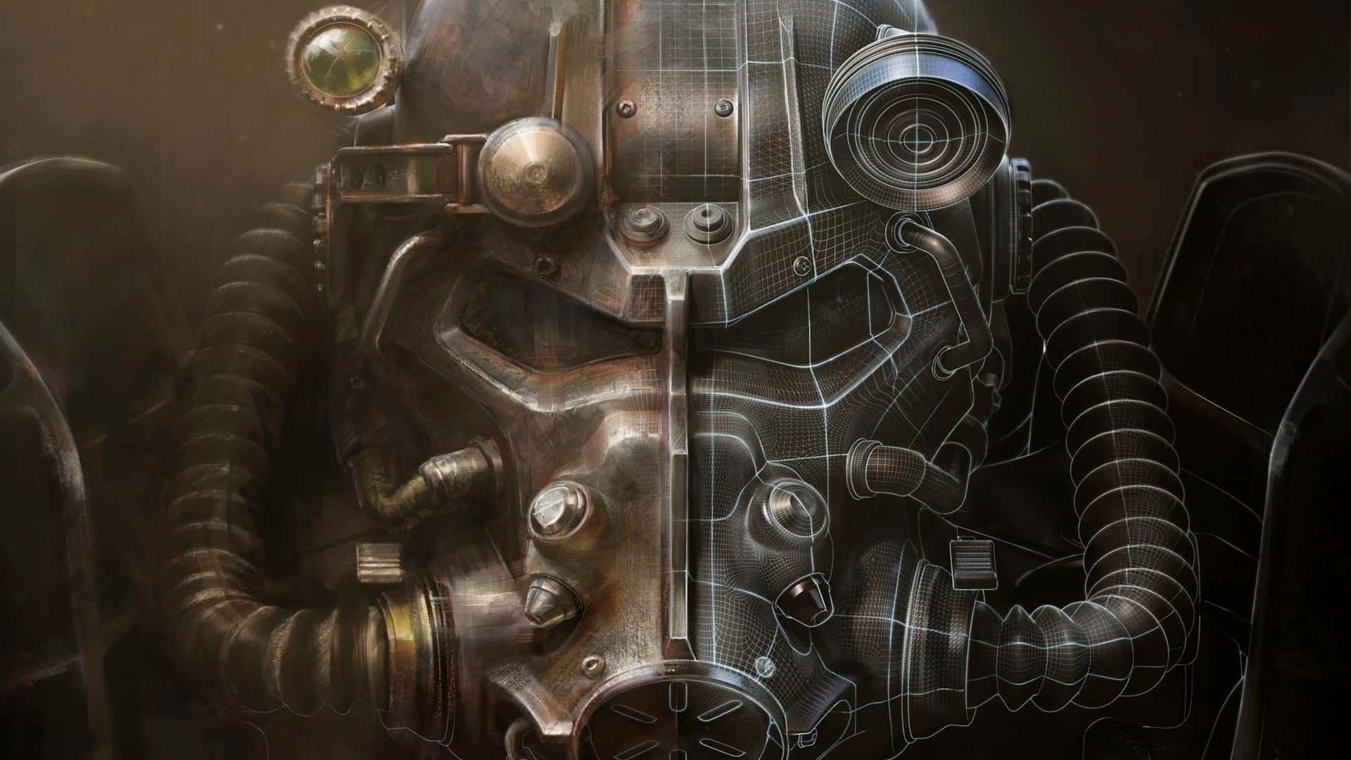 Fallout 4 Power Armor 桌布 壁紙 — 特寫一個細節豐富的未來風格裝甲頭盔，帶有發光綠色鏡片和線框疊加，背景為深色。