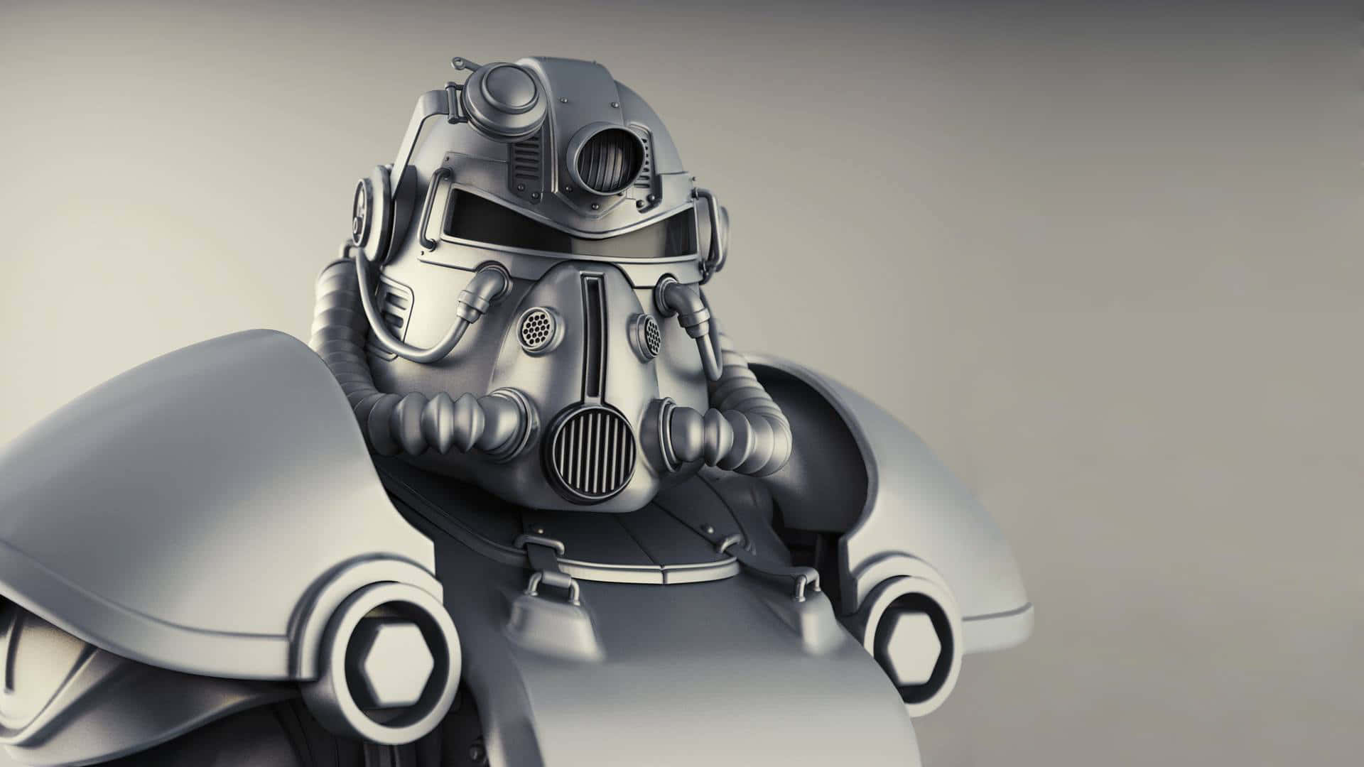 Fallout 4 Power Armor 桌布 壁紙 — 特寫一個細節豐富的銀色動力裝甲頭盔，帶有複雜的機械設計，背景為中性灰色。