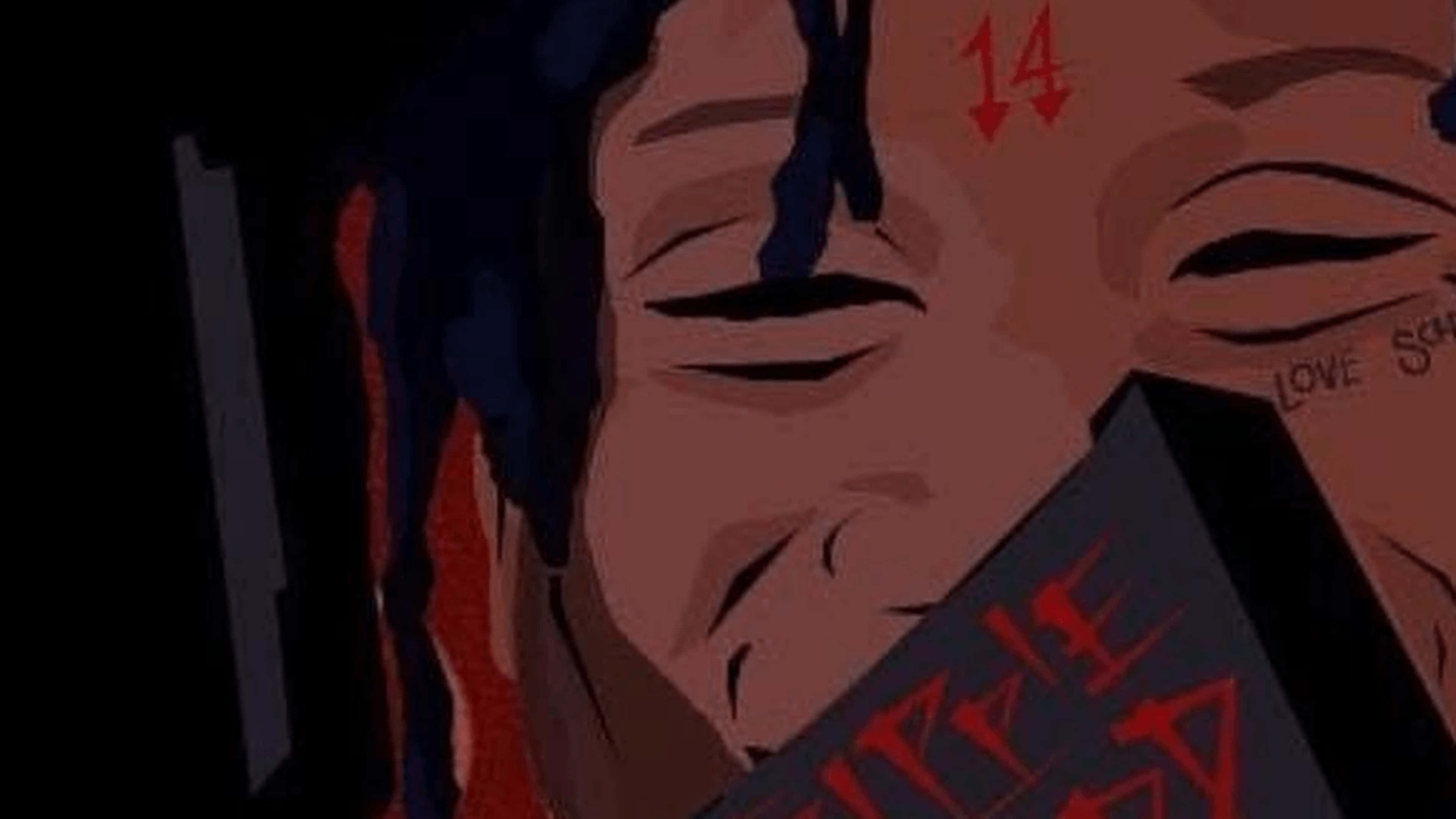 trippie redd 桌布 壁紙 — 特寫一個風格化的動漫角色，黑髮紅紋，手持一本名為「PURPLE DA」的書，背景為深色。