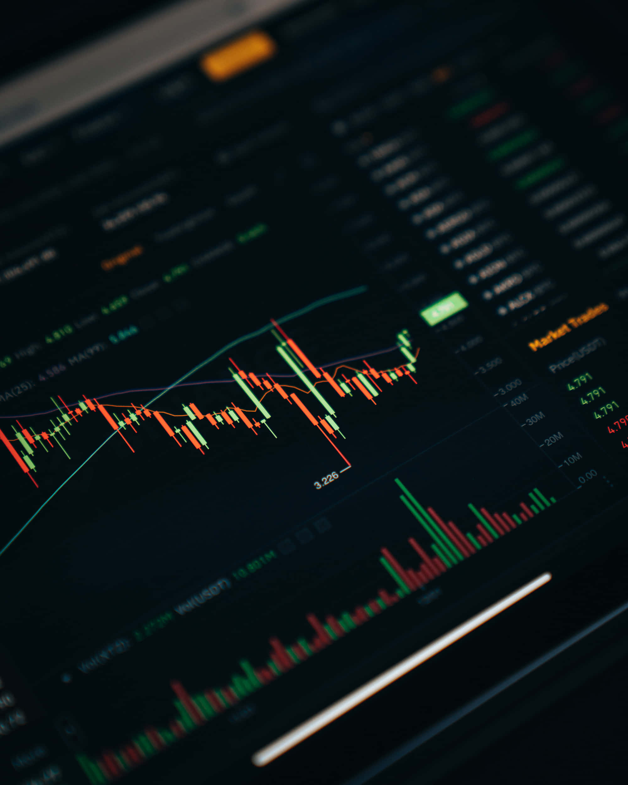 Forex 桌布 壁紙 — 特寫一個黑暗屏幕，顯示鮮豔的綠色和紅色金融蠟燭圖及市場數據。