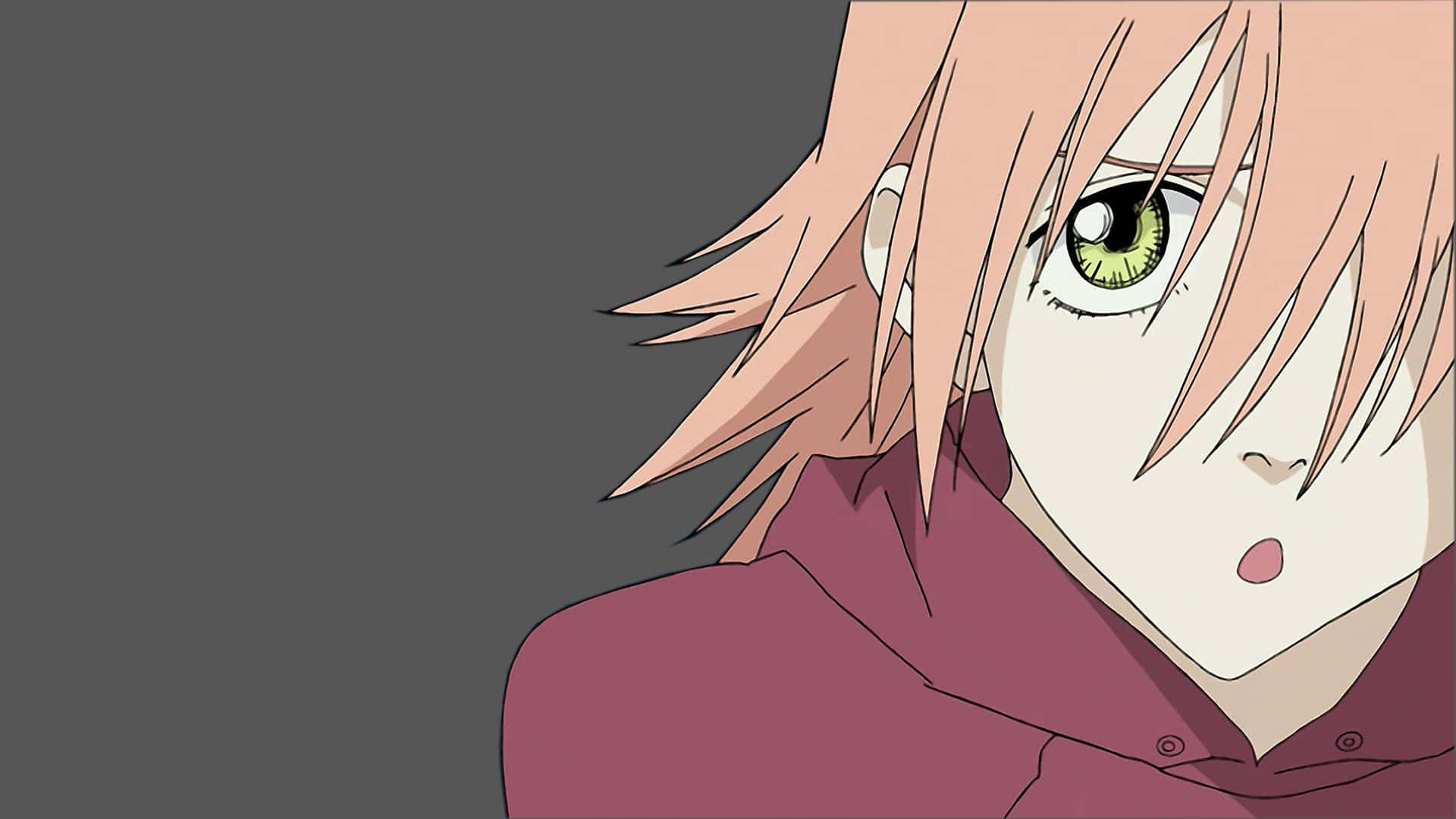 Haruko Haruhara 桌布 壁紙 — 特寫動漫肖像，角色有粉紅色頭髮和綠色眼睛，穿著栗色連帽衫，背景為灰色。