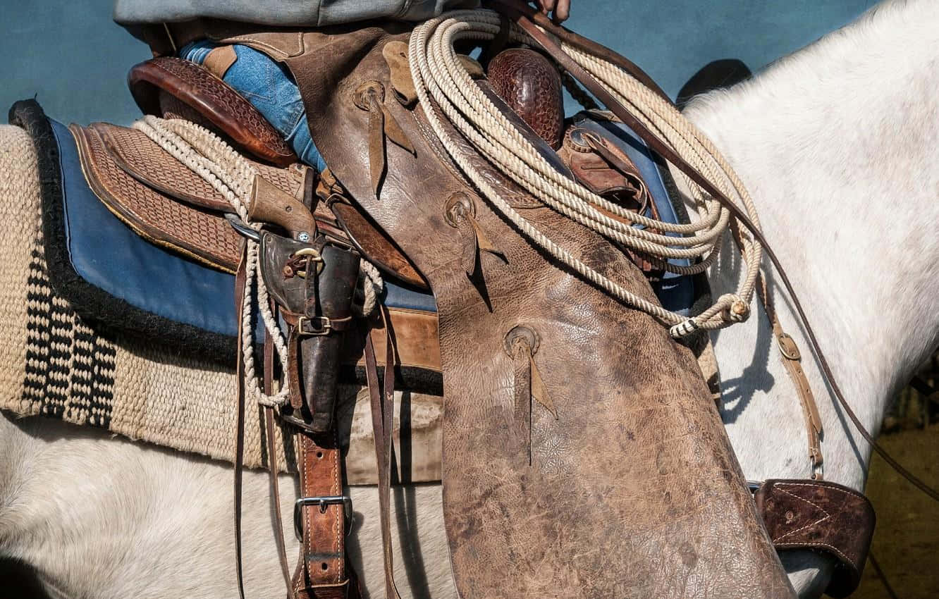 Saddle 桌布 壁紙 — 特寫鏡頭：一匹白馬在明亮陽光下，配備經風化的皮革馬鞍、盤繞的繩索和馬刺。