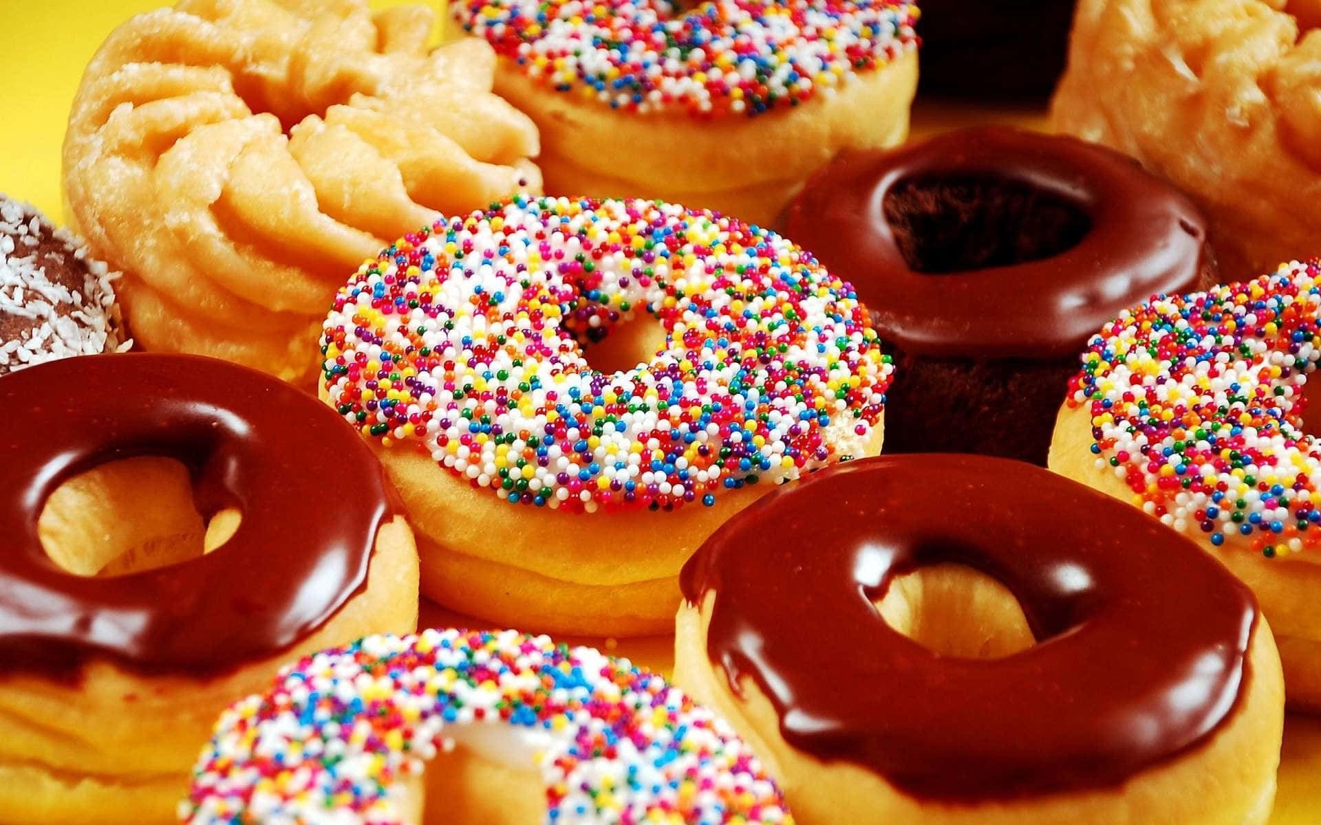 donuts 桌布 壁紙 — 特寫鏡頭：在明亮的黃色背景上，各種糖霜和朱古力醬冬甩，上面綴滿彩色糖針。