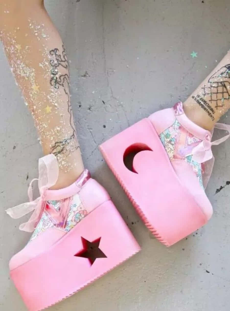 Pink Shoes 桌布 壁紙 — 特寫鏡頭：在混凝土地板上，穿著帶有星星和月亮鏤空的超大粉紅色厚底鞋，腿上灑滿閃粉。