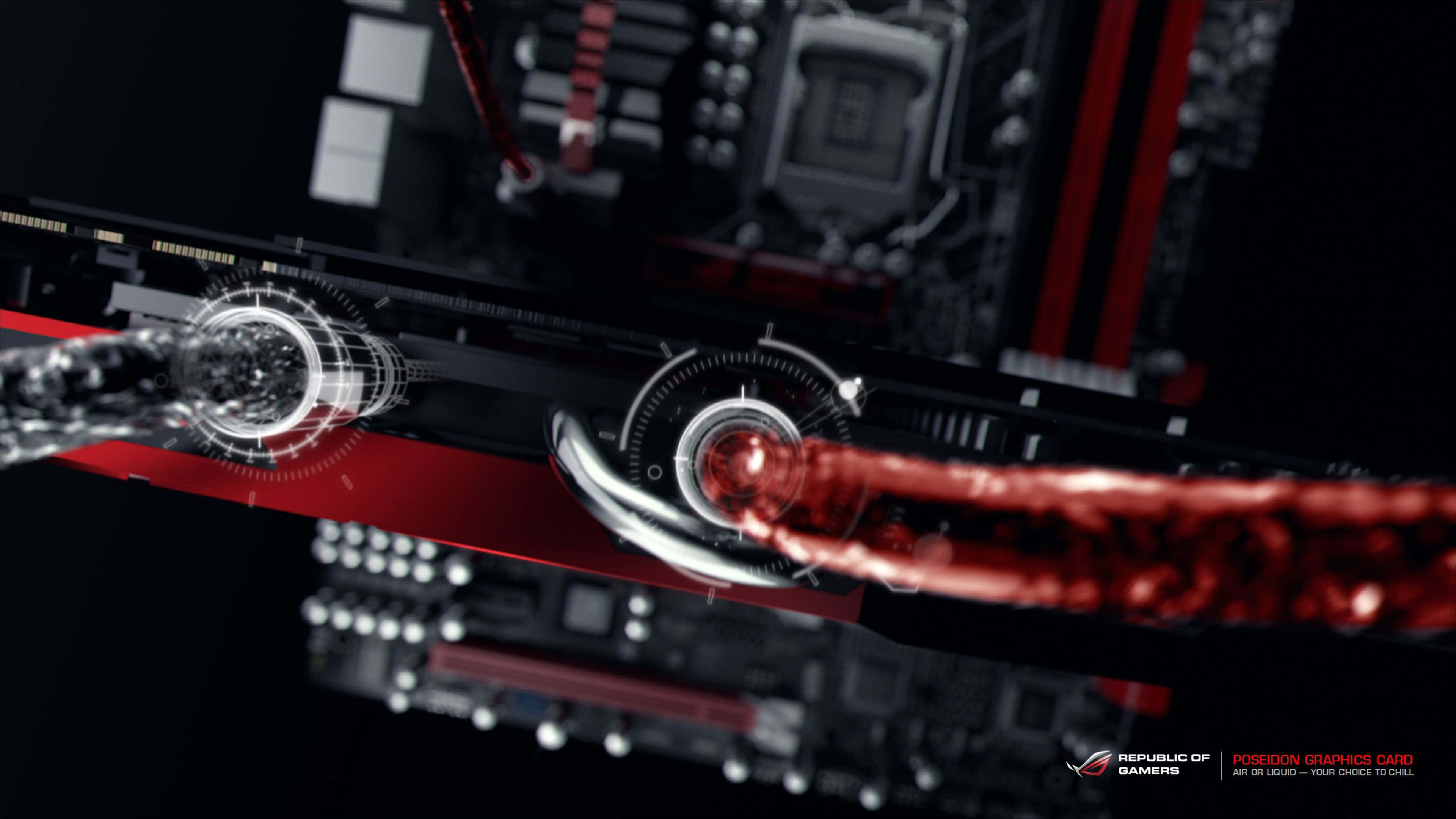 4K Graphics Cards 桌布 壁紙 — 特寫鏡頭顯示一張紅色和黑色的顯示卡，液體冷卻劑流經透明管道，背景為深色主機板。