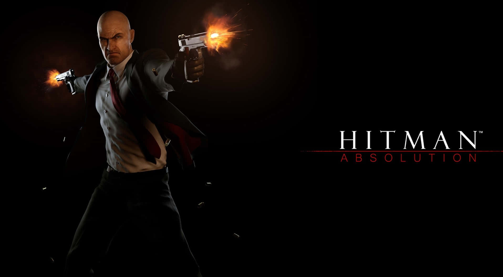 《Hitman Absolution》遊戲角色在黑暗環境中手持雙槍射擊。