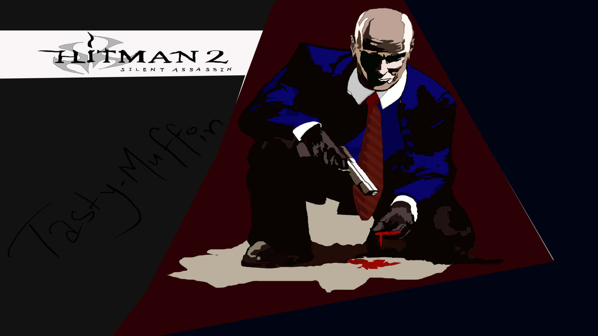 特工47暗殺目標《Hitman 2》 壁紙 — 來自《Hitman 2》的特工47蹲伏持槍並帶有血跡的風格化插圖，背景為深色。