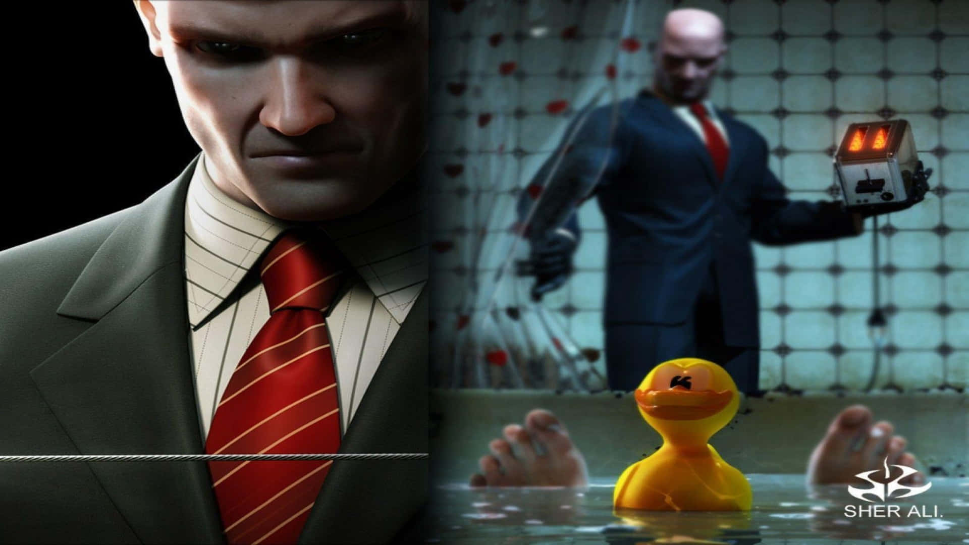 特工47重返《Hitman 2》執行新任務 壁紙 — 一個分屏圖像顯示一個穿著西裝的威脅性男子手持裝置，而一隻橡膠鴨漂浮在沾滿血的浴缸中。