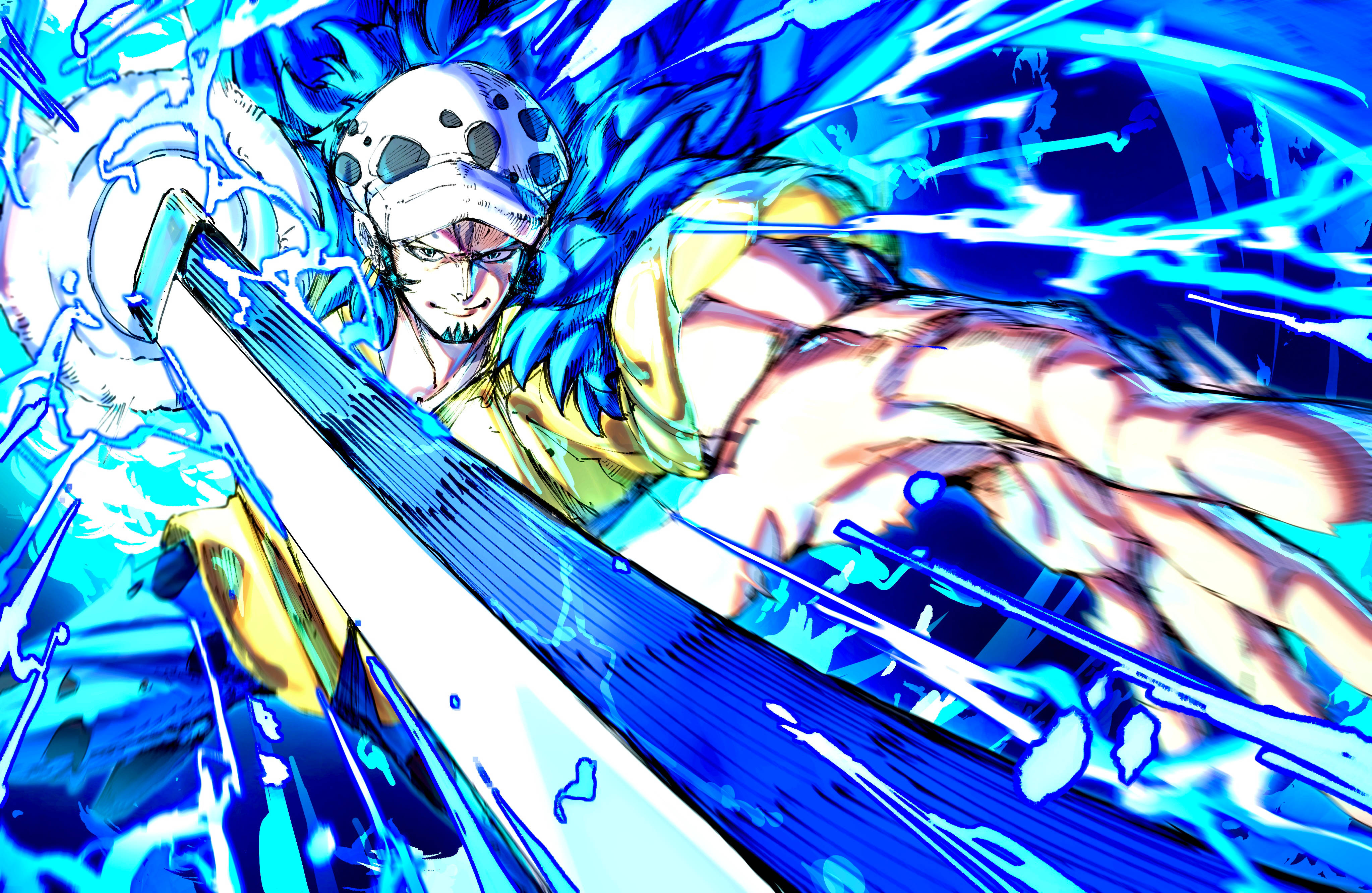 特拉法爾加·羅《海賊王》藍色力量特效插畫 壁紙 — 一個充滿動感的動漫戰士，手持發光劍斬破電光藍色能量，呈現爆炸性動作場面。