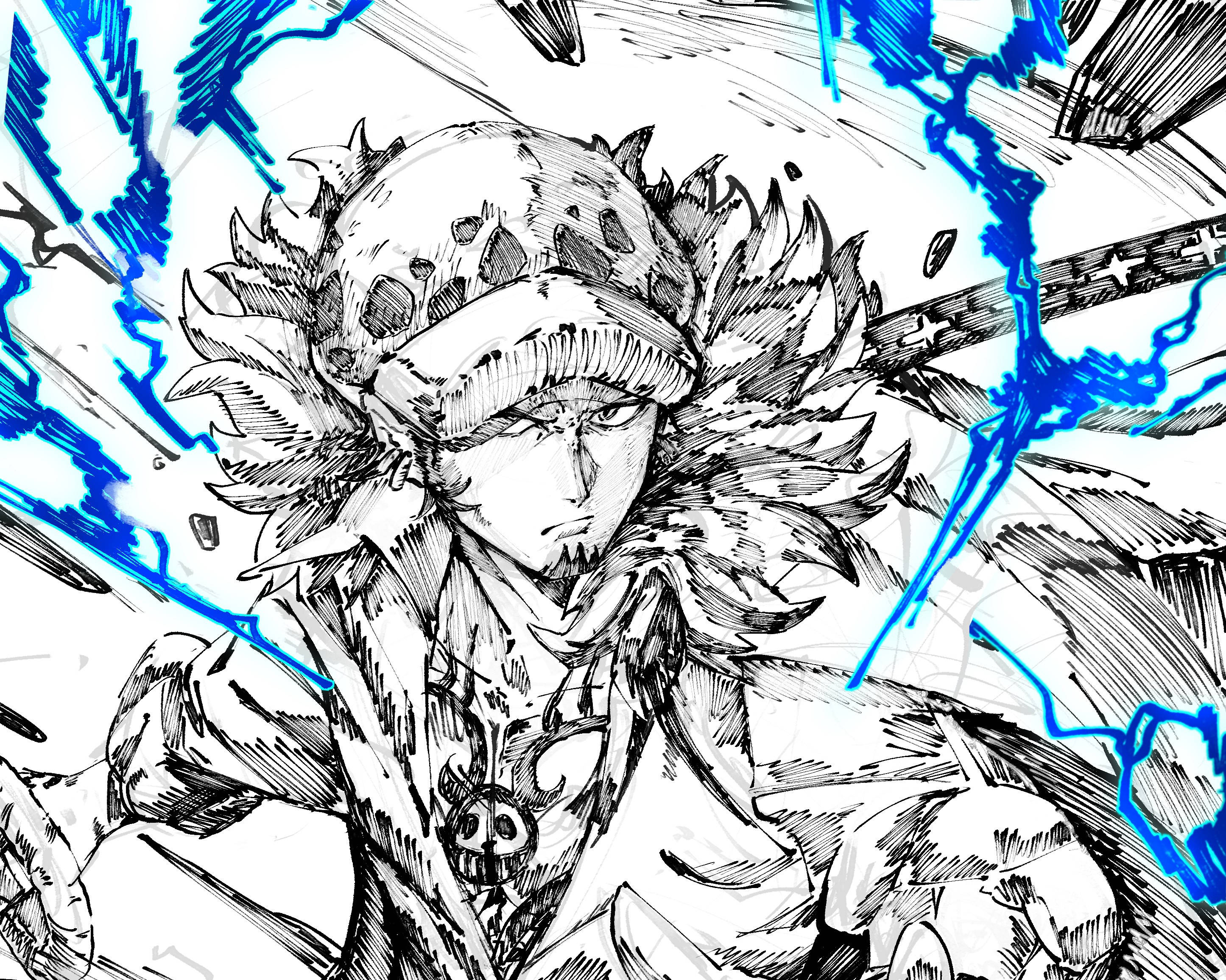 特拉法爾加·羅《海賊王》鋼筆同人圖 壁紙 — 一個兇猛的動漫戰士，有著尖刺頭髮和毛皮襯裡大衣，在動態的黑白素描中釋放藍色閃電。