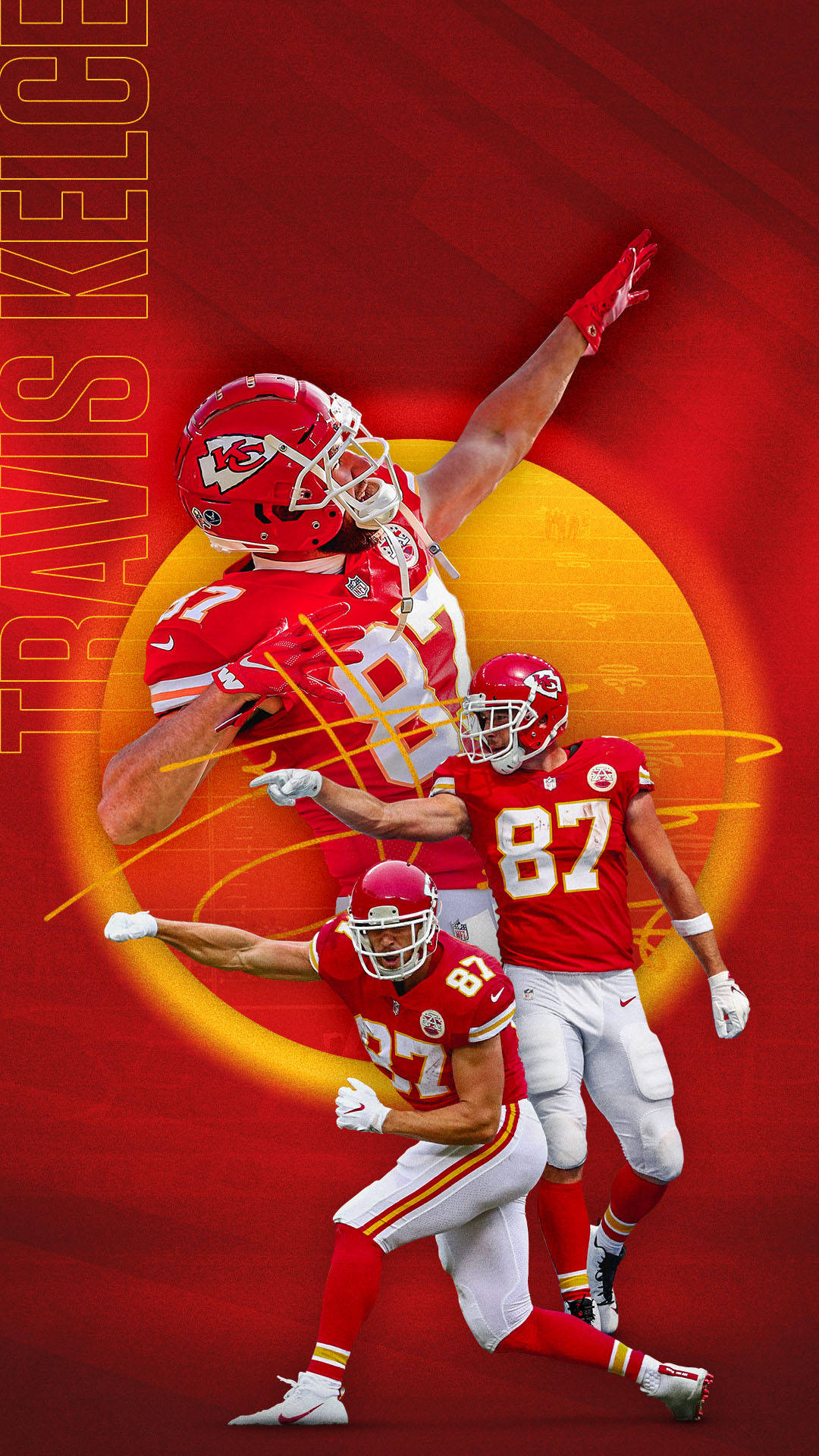 Travis Kelce 身穿酋長隊球衣，在紅色與金色背景上以動態動作慶祝。