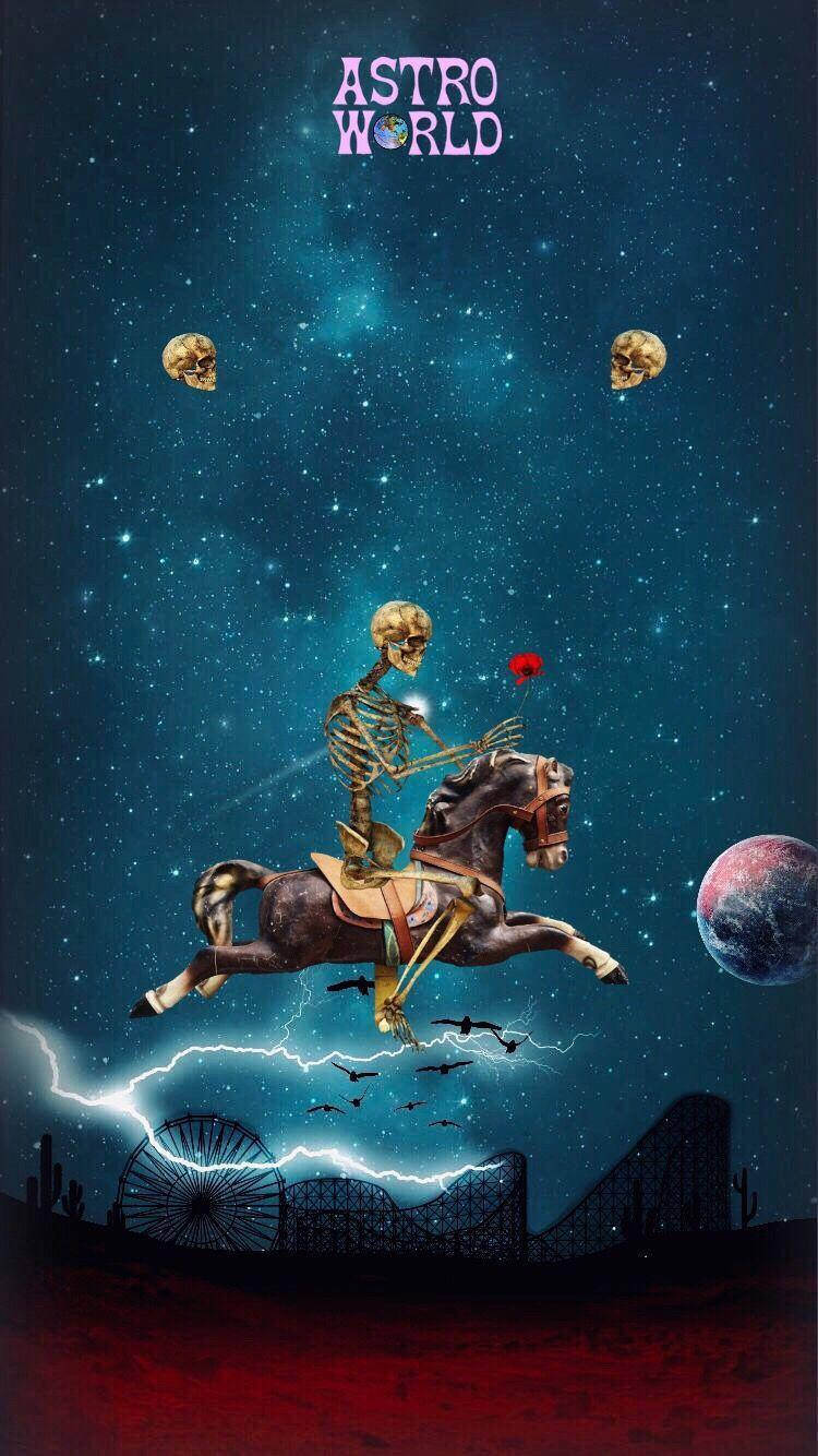 星空下，宇宙沙漠中騎馬的骷髏騎手，伴有過山車和行星。