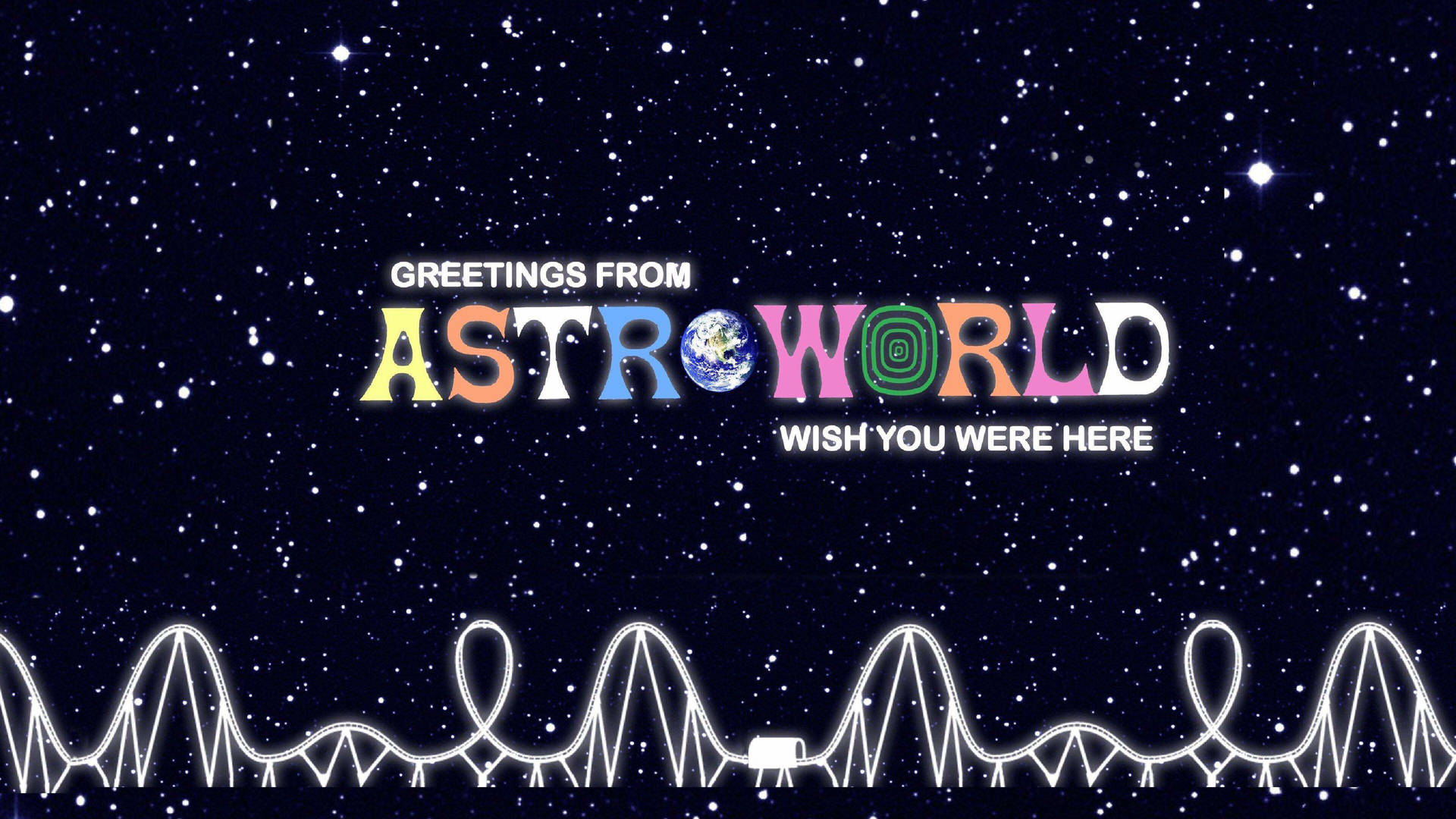 在星空下發光的過山車，帶有「Greetings from AstroWorld」文字。