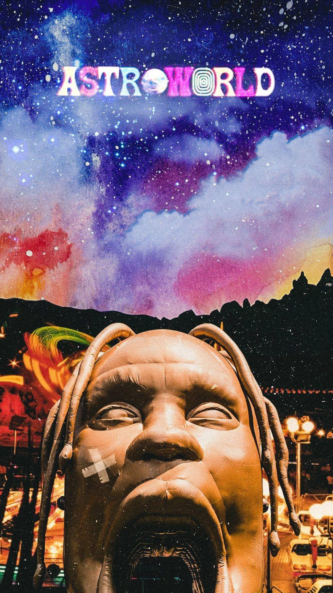 巨大雕像，編著辮子、臉頰有繃帶，在色彩繽紛的星空下，帶有「ASTROWORLD」文字。