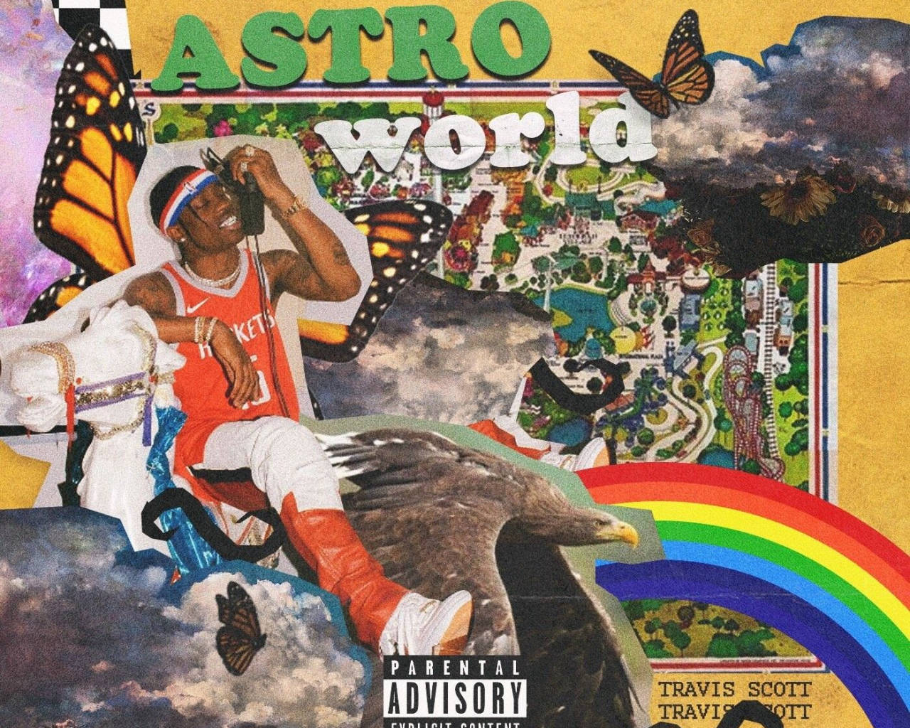 Travis Scott 坐在彩虹上，蝴蝶和老鷹環繞，置身於色彩繽紛的拼貼畫中。